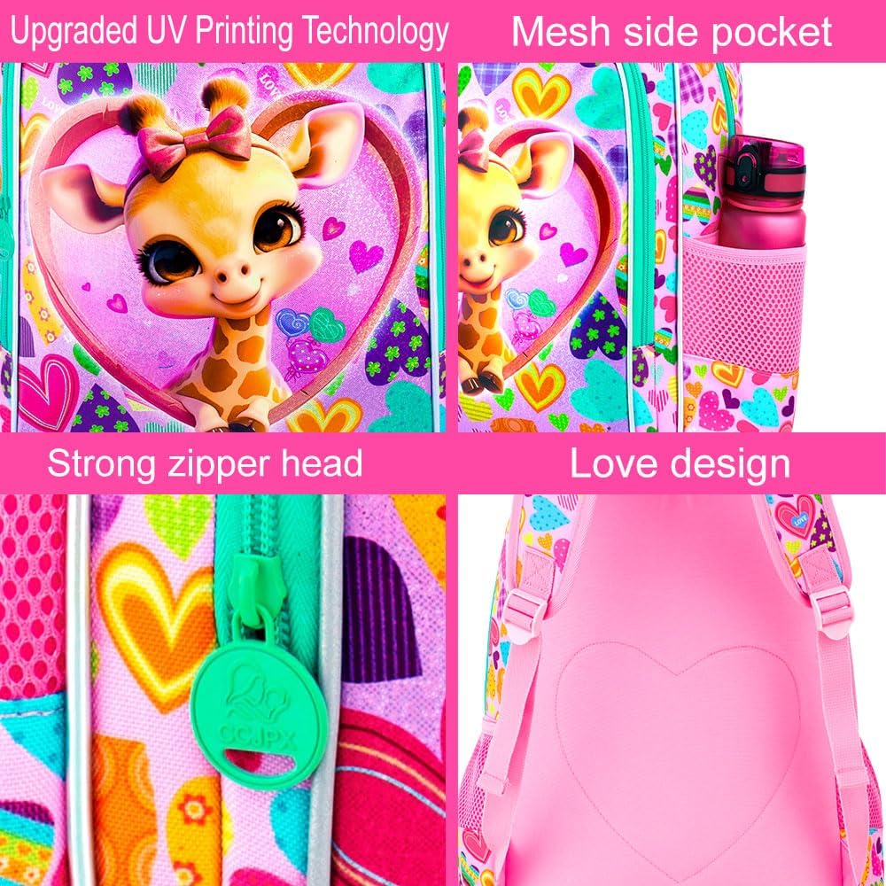 3PCS Girls Backpack, Kids Water Resistant Heart Bookbag Set with Lunch Box, Cute Kids School Bag for Preschool Toddler