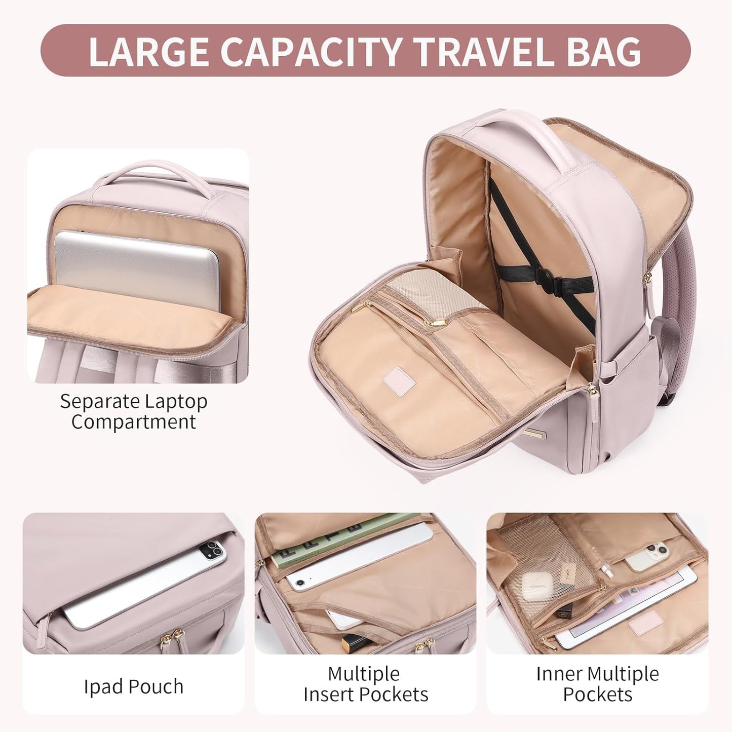 Laptop Backpack for Women, Professional Adult Office Commuter Womens Computer Backpack Travel Carry on Personal Item Bag For Airlines, Work, College, Travel, 17.3Inch, Pink