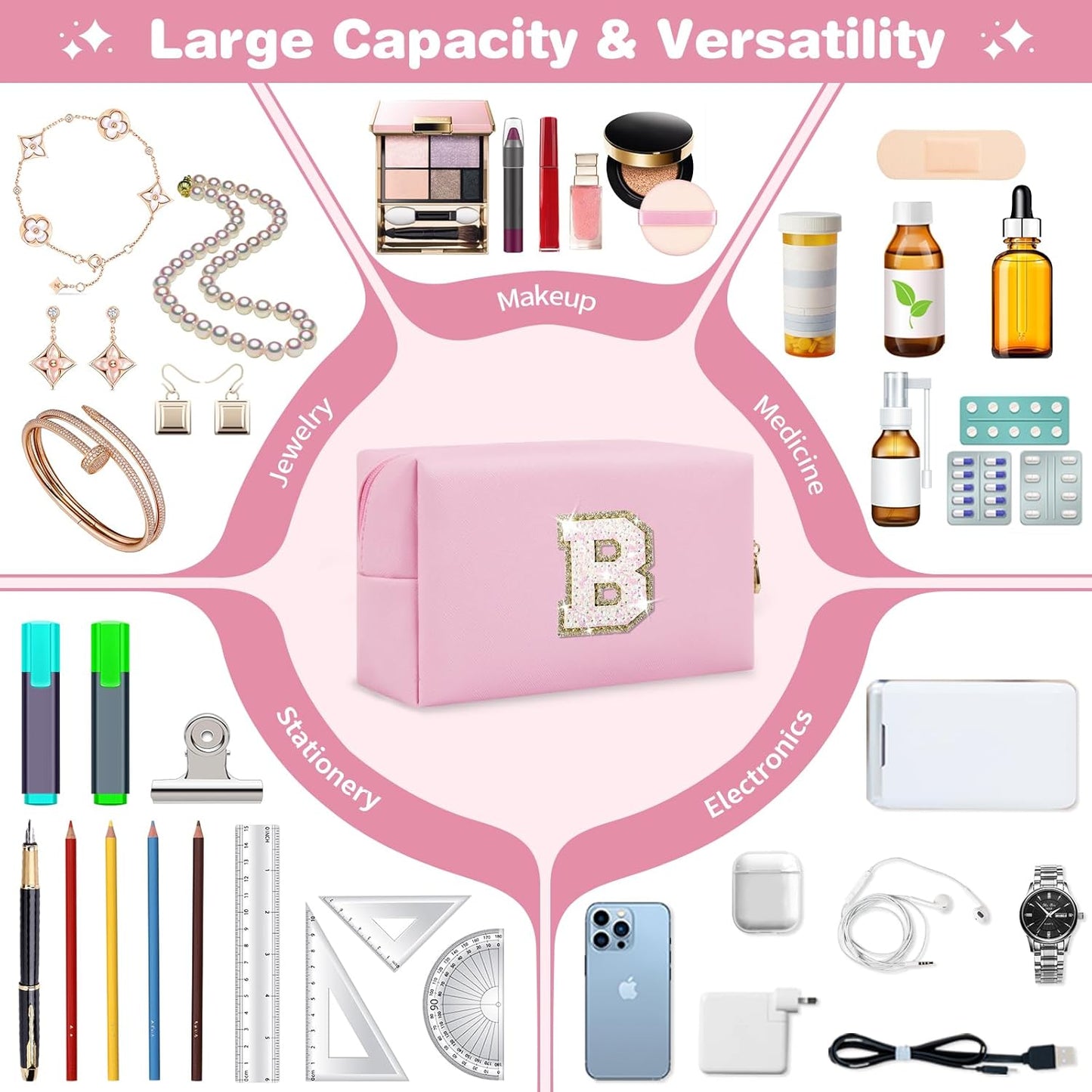 Small Personalized Initial A-Z Patch Makeup Bag,Pink Cute PU Leather Glitter Letter Cosmetic Bag for Teen Girls,Travel Toiletry Bag with Zipper,Preppy Monogrammed Birthday Gift for Daughter Niece B