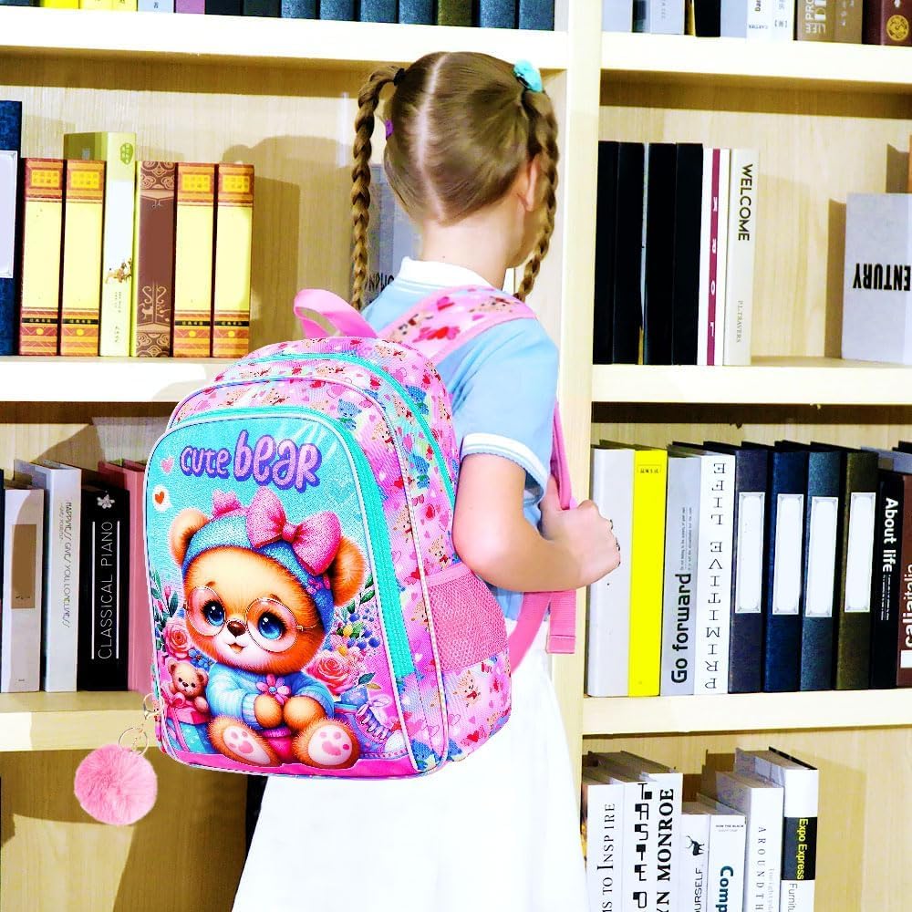 KLFVB 3PCS Girls Bear Bookbag, Water Resistant Kids Backpack with Lunch Box, 16" Preschool Backpacks for Elementary - Bear Pink