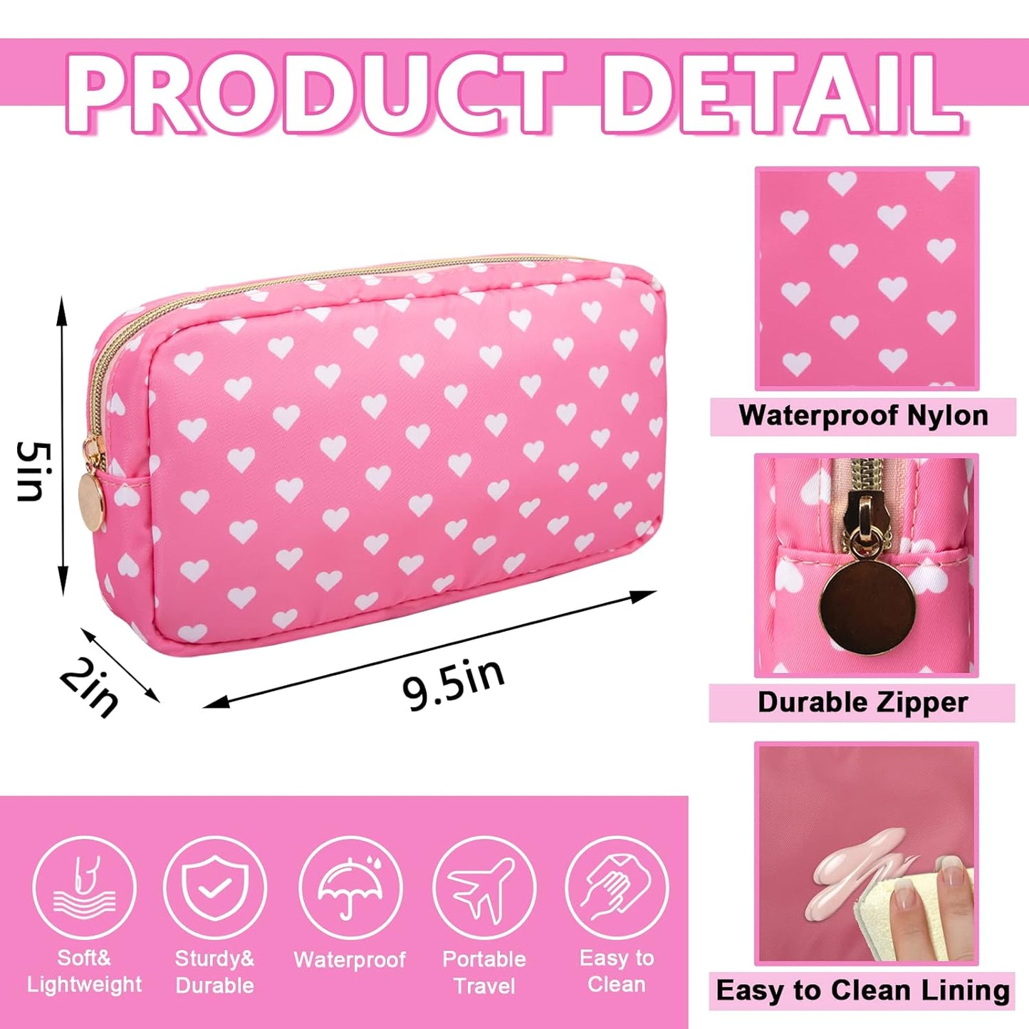 Small Makeup Pouch for Purse，Nylon Travel Toiletry Storage Cute Preppy Cosmetic Bag for Women