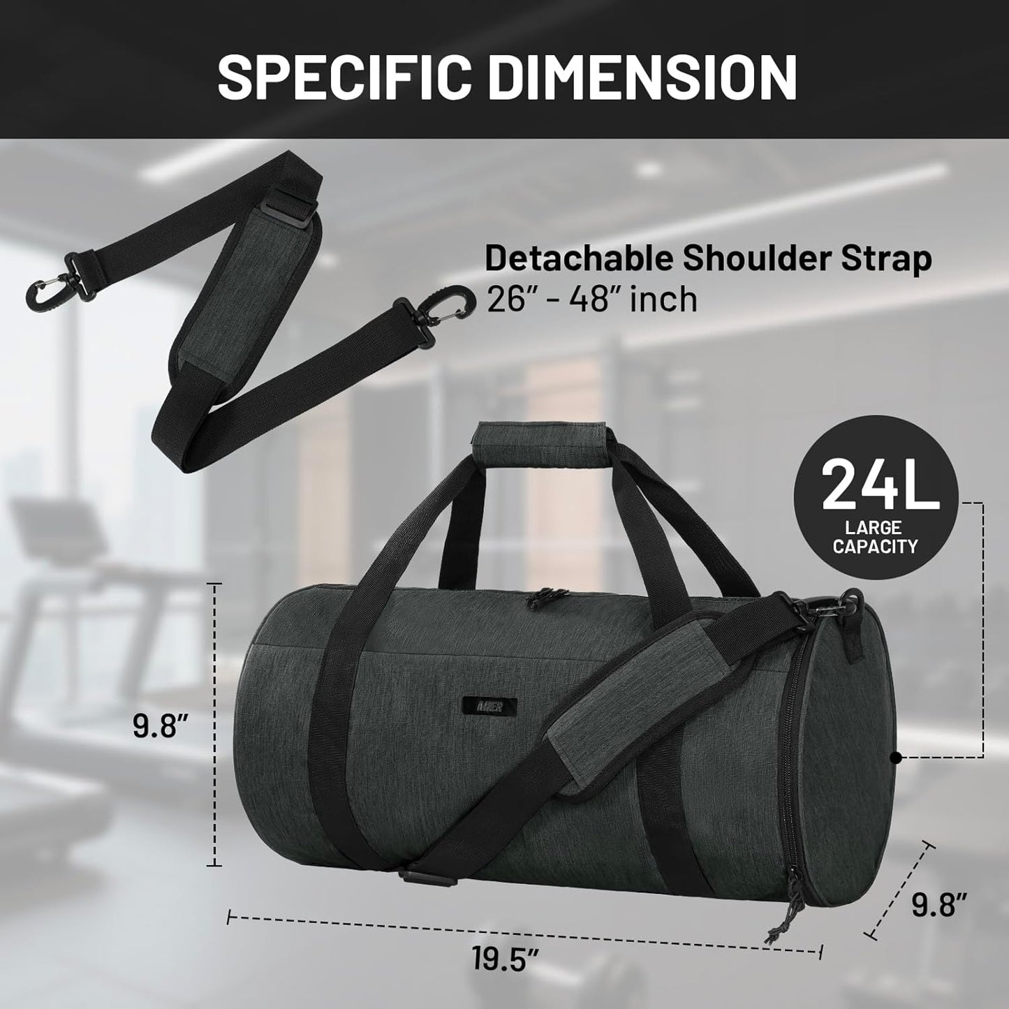MIER Gym Bag Round Duffle Bag with Shoe Compartment & Wet Pocket, Lightweight Carry on Duffel for Men Women Workout Fitness Travel Sports, 24L, Dark Gray