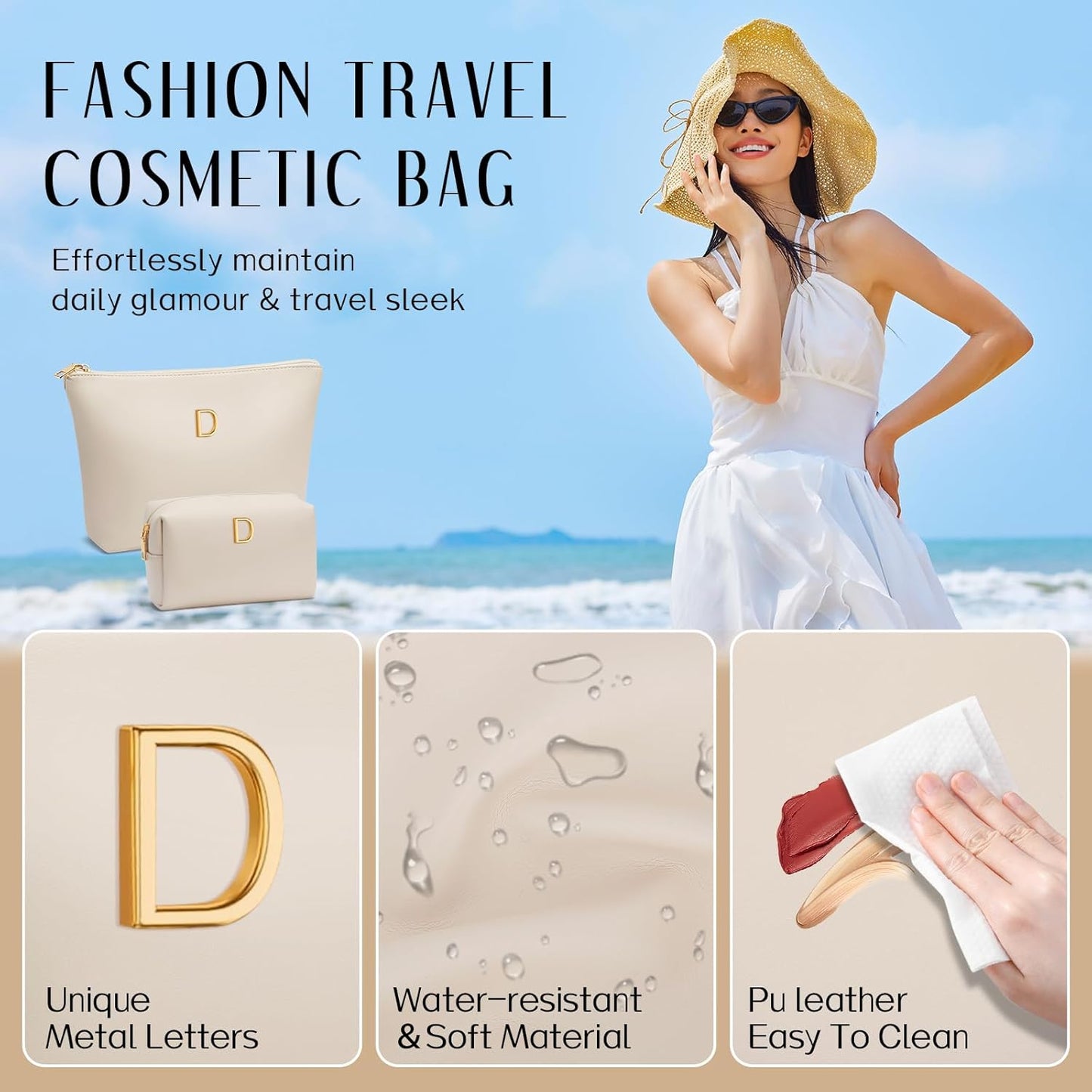 Women Gifts | Initial Makeup Bag Set for Girl Personalized Gifts for Bridesmaid Friend Graduation Teachers PU Leather Cosmetic Travel Toiletry Bag(Beige,D)