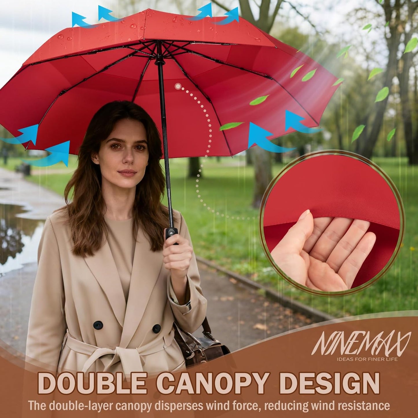 NINEMAX Windproof Travel Umbrella for Rain, Automatic Umbrellas Double Canopy Vented Compact for Men Women(Red)