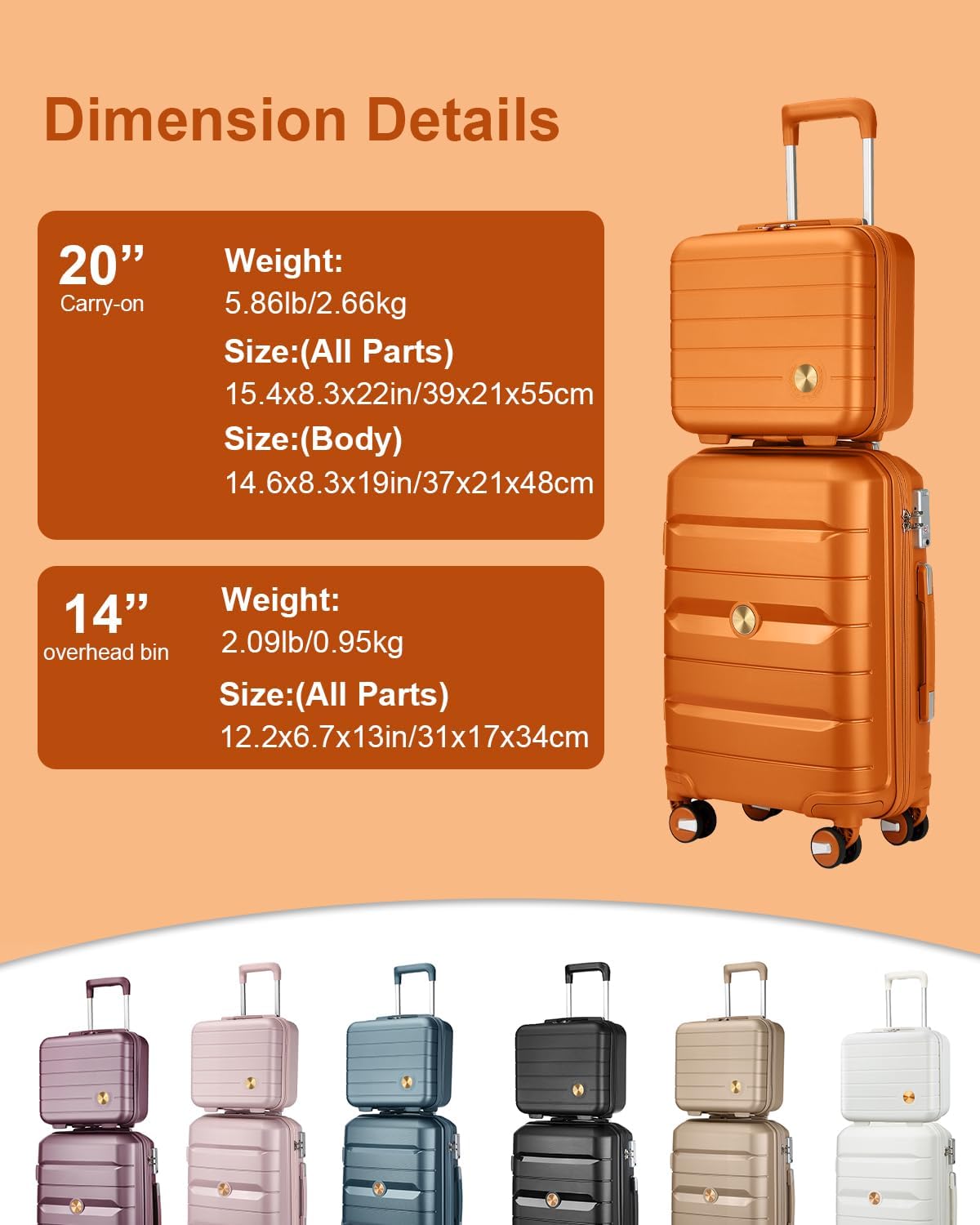 Somago 20 Inch Carry On Luggage Sets Hardside Suitcase with Double Spinner Wheels and TSA Lock YKK Zipper (Sunset Orange,14/20)