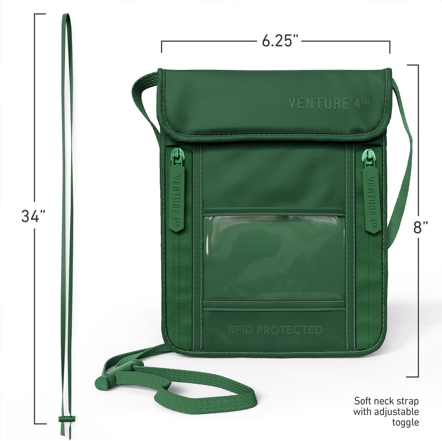 VENTURE 4TH Neck Wallet, RFID Blocking Passport Holder for Travel – Hidden Neck Pouch with 5 Compartments, Slim Lightweight Organizer with Adjustable Strap for Cash, Cards & Passport (Sleek Green)