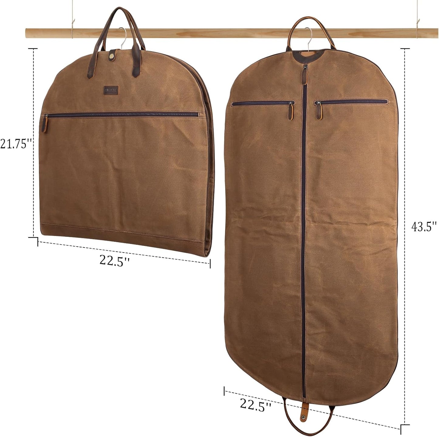 Polare 43” Waxed Canvas Full Grain Leather Trim Carry On Garment Bag for Travel, Waterproof Dust-Proof Foldable Hanging Suitcase Weekender Garment Cover with YKK Zipper