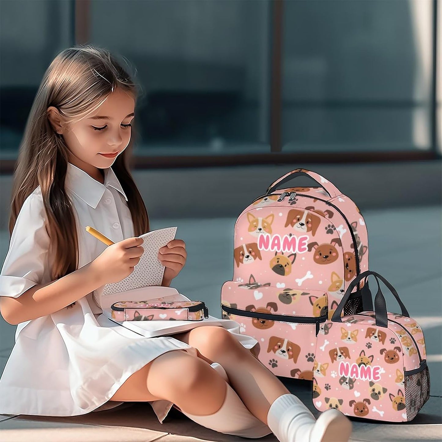 Custom Dog Backpack with Lunch Box, Set of 3 School Backpacks Matching Combo, Cute Pink Bookbag and Pencil Case Bundle