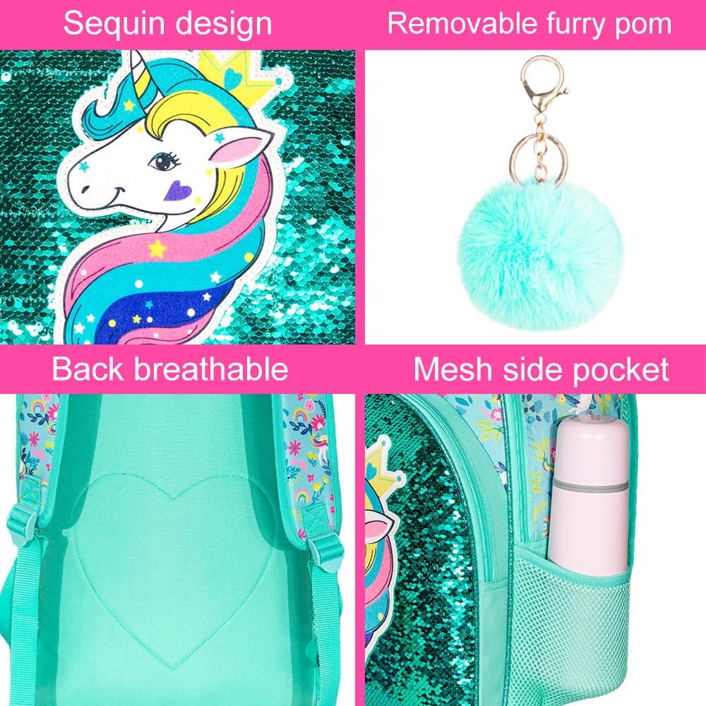 3PCS Kids Backpacks for Girls, 16" Little Kid Preschool School Bookbag and Lunch Box - Unicorn/Mermaid/Flamingo