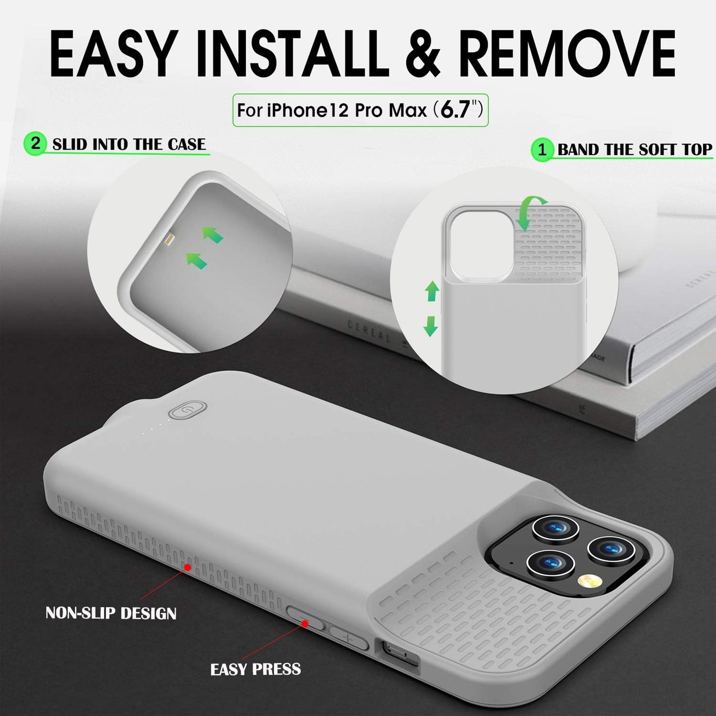 GIN FOXI Battery Case for iPhone 12 Pro Max, Real 7000mAh Ultra-Slim Battery Charging Case Rechargeable Anti-Fall Protection Extended Charger Cover for iPhone 12 Pro Max Battery Case(6.7 inch) Gray