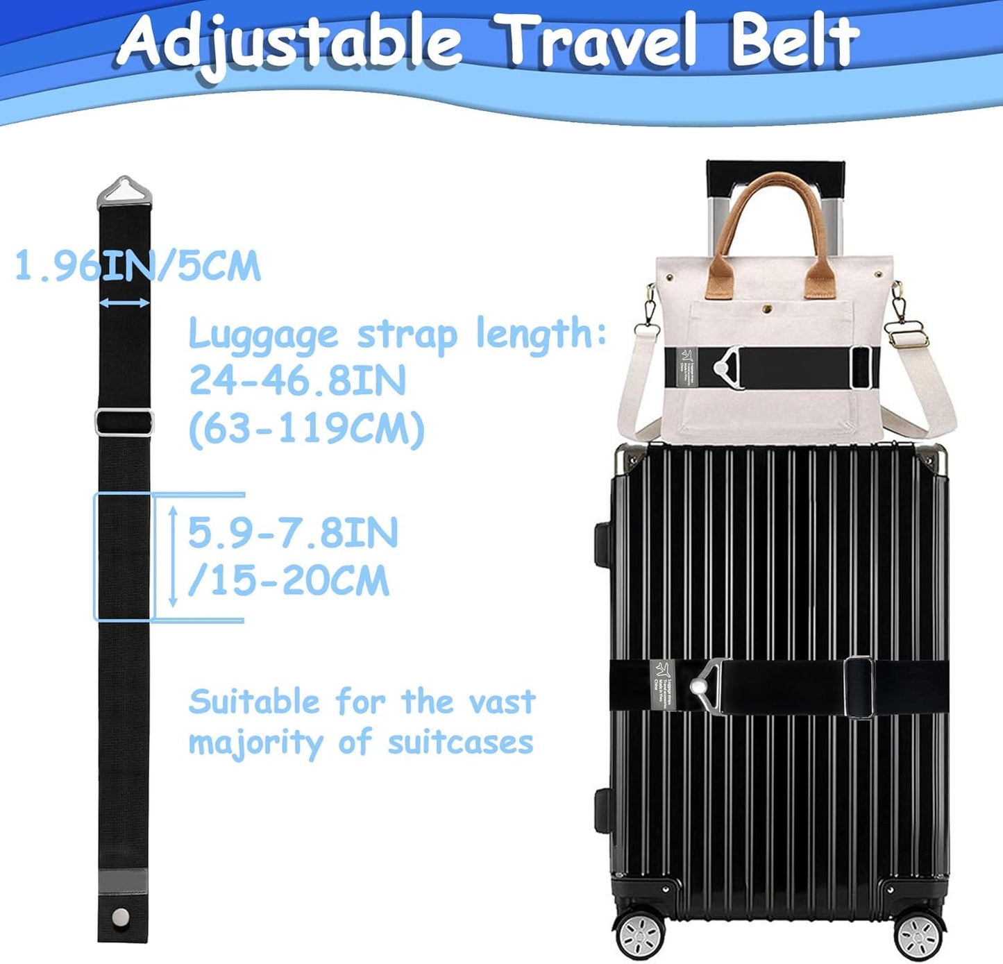 Luggage Straps Travel Belt for Luggage, Add a Bag Luggage Strap for Backpack, 2-in-1 Suitcase Belts Adjustable Elastic Airport Travel Accessories for Women & Men