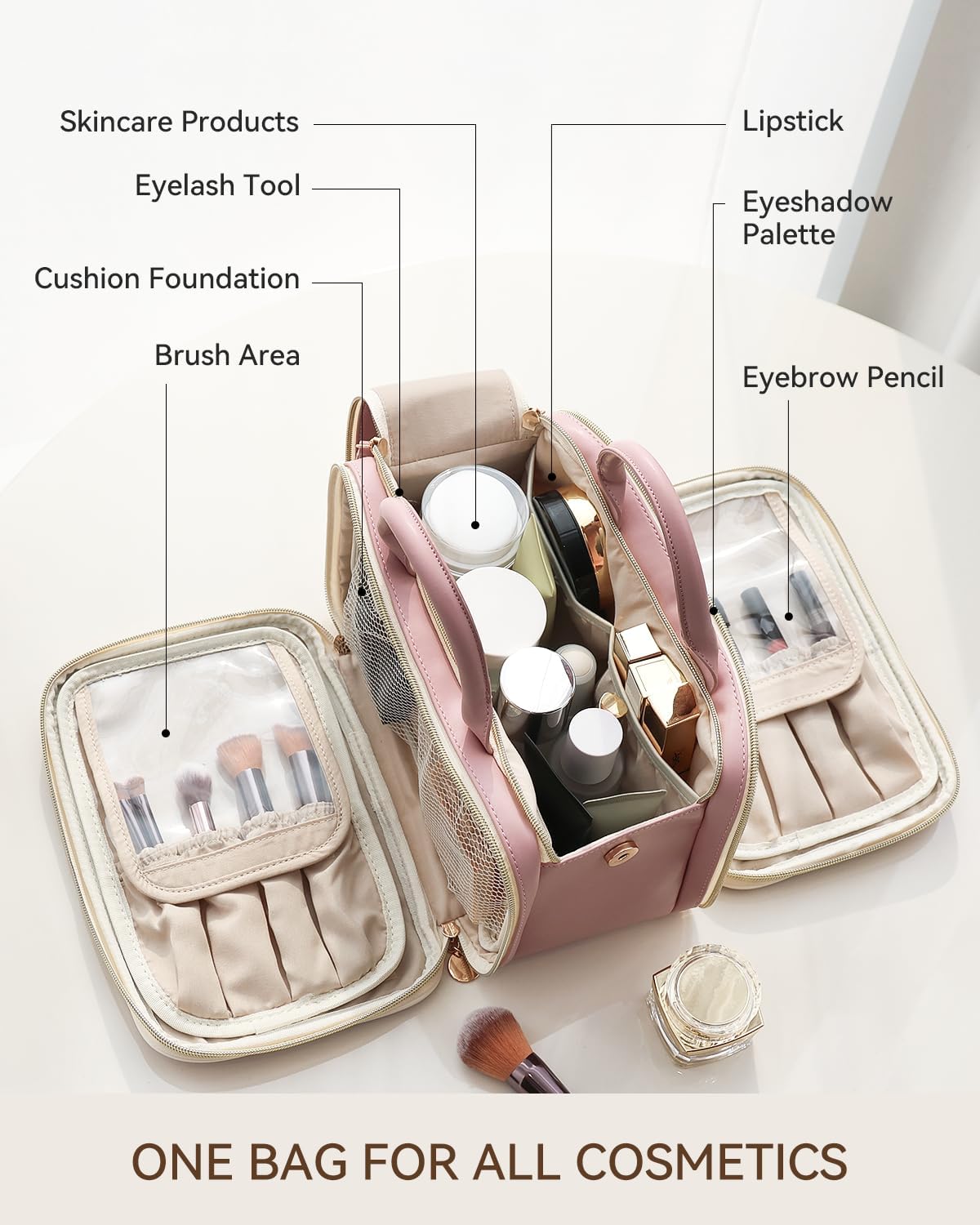 Prite Makeup Bag for Women, Large Capacity Waterproof Travel Cosmetic Organizer, Portable Open Flat Toiletry Bag with Free-standing Brush Holder and Handle(Pink Large)