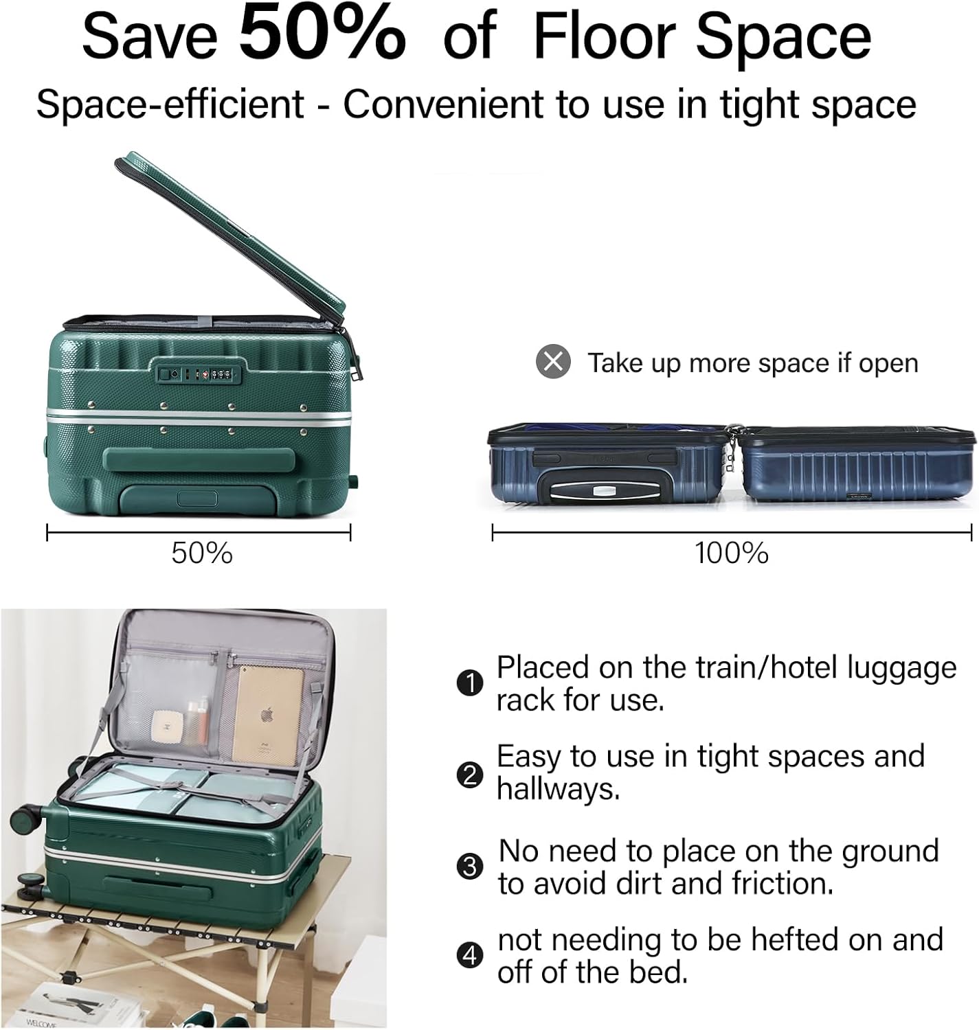 Hanke 24 Inch Checked Luggage Front Opening Rolling Suitcase Hard Sided Luggage with Spinner Wheels Travel Luggagefor Woman Men.(Dark Green)