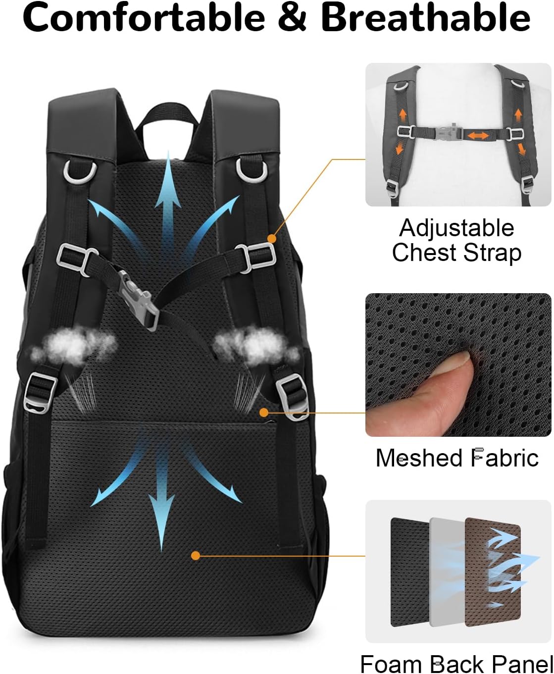30L Small Waterproof Hiking Backpack with Chest Strap for Men, Lightweight Outdoor Backpack, Black