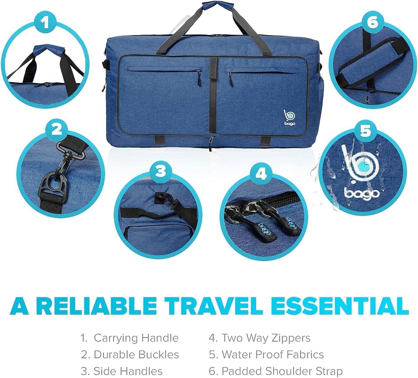 Bago Large Foldable Duffel Bags for Traveling Women & Men - 100L Packable Duffle Bag for Travel with Shoe Compartment - Water Repellant, Heavy Duty, Lightweight Folding & Collapsible (SnowDepBlue)