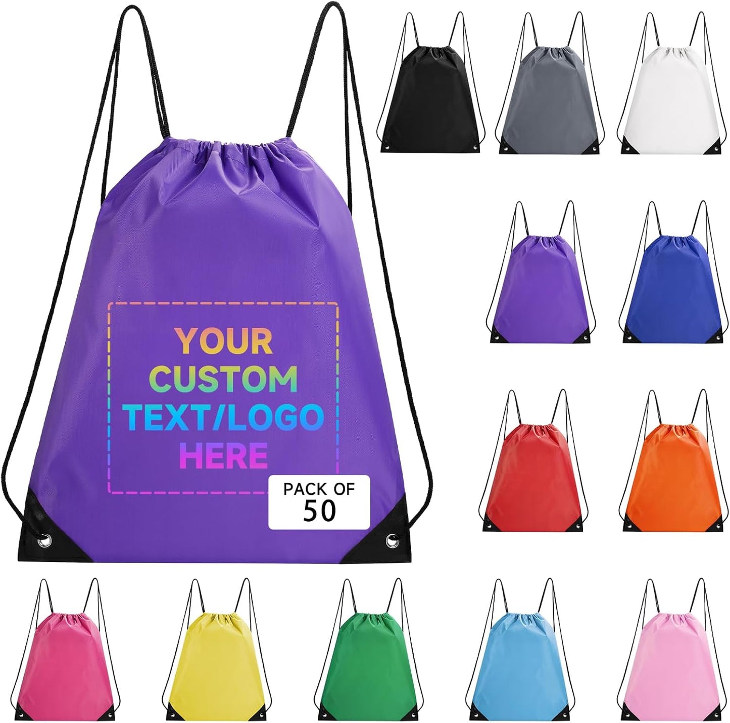 Custom Drawstring Bags With Logo, 100 Pack Personalized Text Drawstring Backpack Bulk Great for Travelling, Gym and for Everyday Use (Purple)