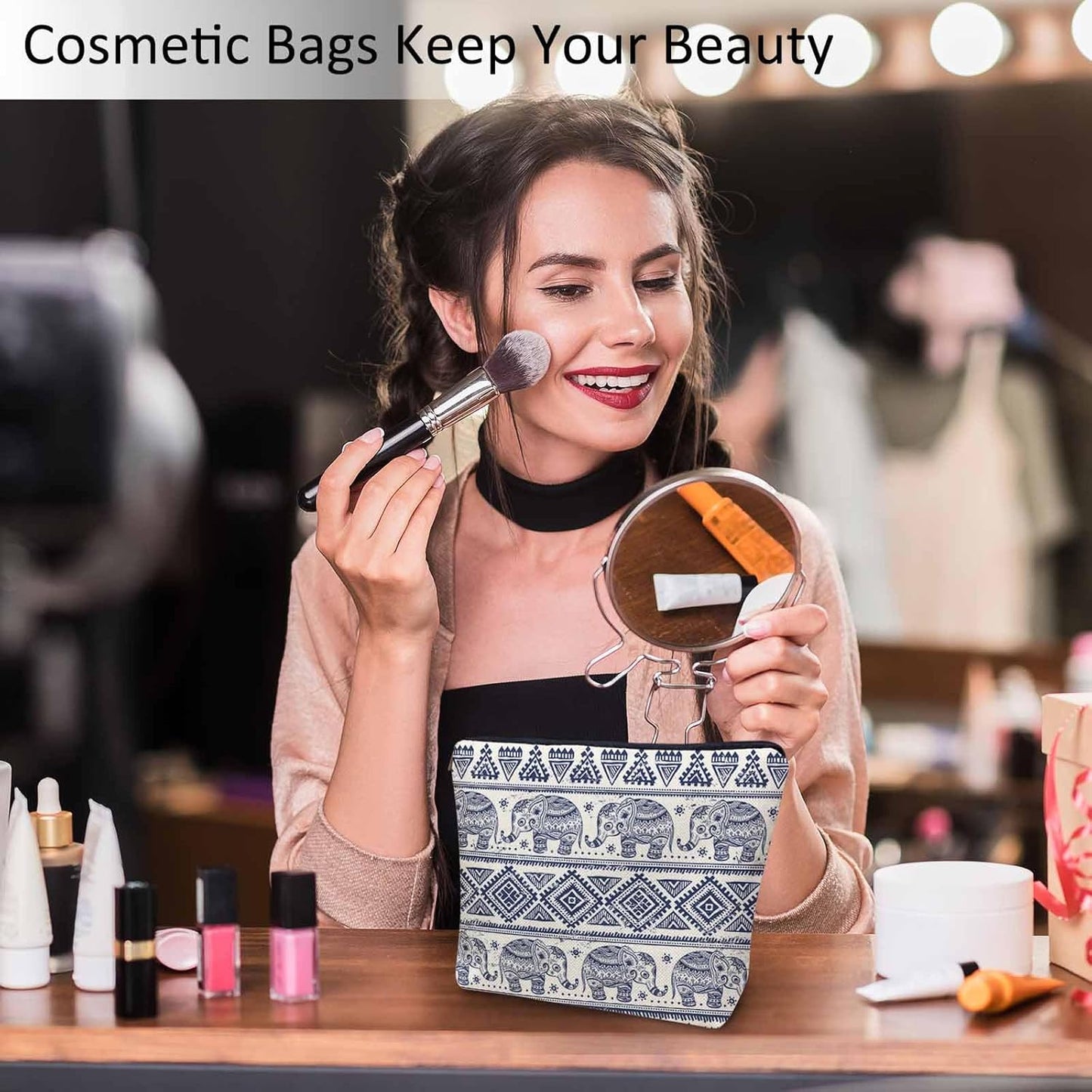 Elephant Cosmetic Bags For Women, Ethnic Geometric Elephant Roomy Makeup Bag Toiletry Bag