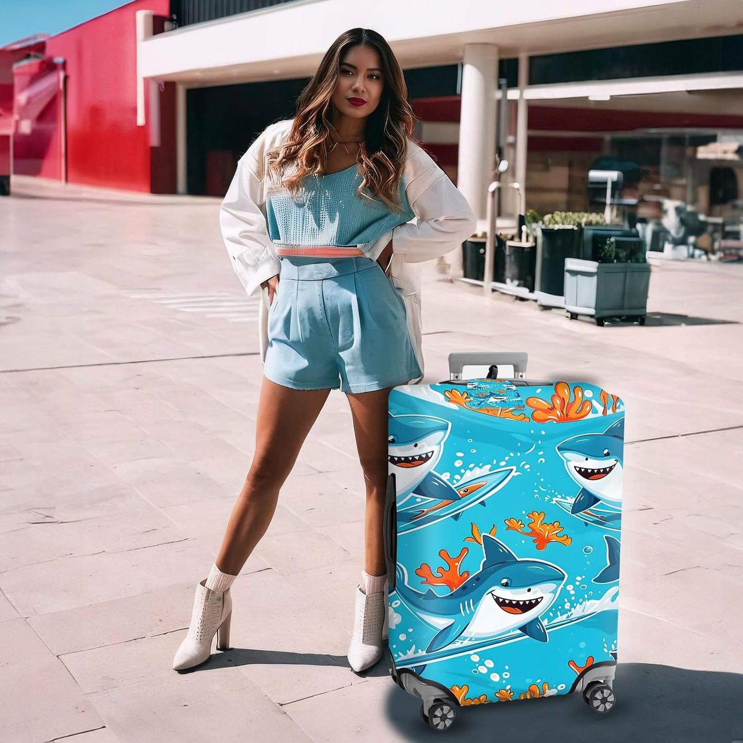 Travel Luggage Cover,Cute Cartoon Sharks Theme Suitcase Cover Accessory Kit, Luggage Tag, and Comfortable Luggage Handle Wrap, Washable Zipper Close Luggage Suitcase Protector (18-20 inch,S)