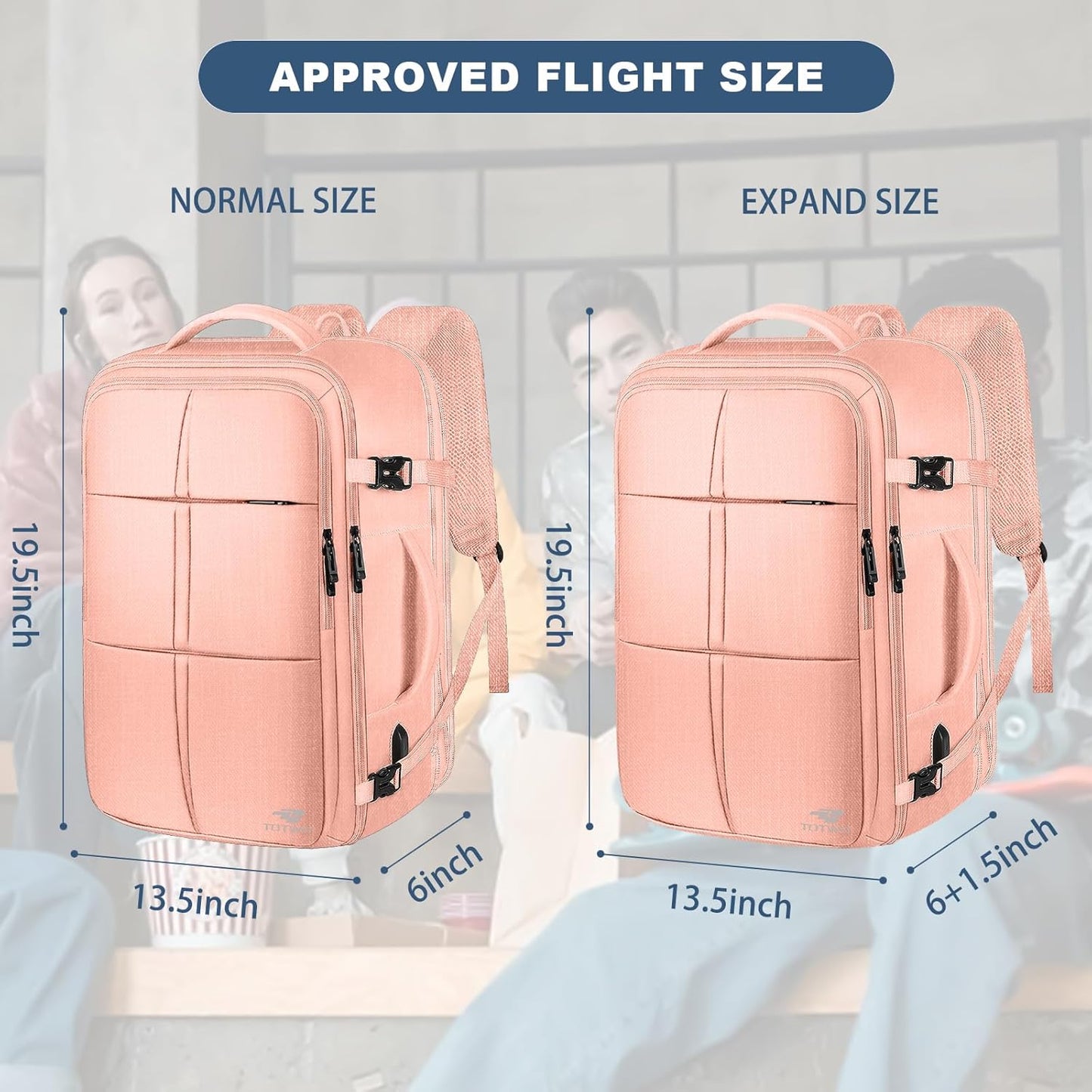 Travel Backpack, 55L Carry On Backpack for Men Women Flight Approved, Expandable Large Luggage Bag Daypack Water Resistant Overnight Business Weekender Bag, Fits 18.4 Inch Laptops, Pink