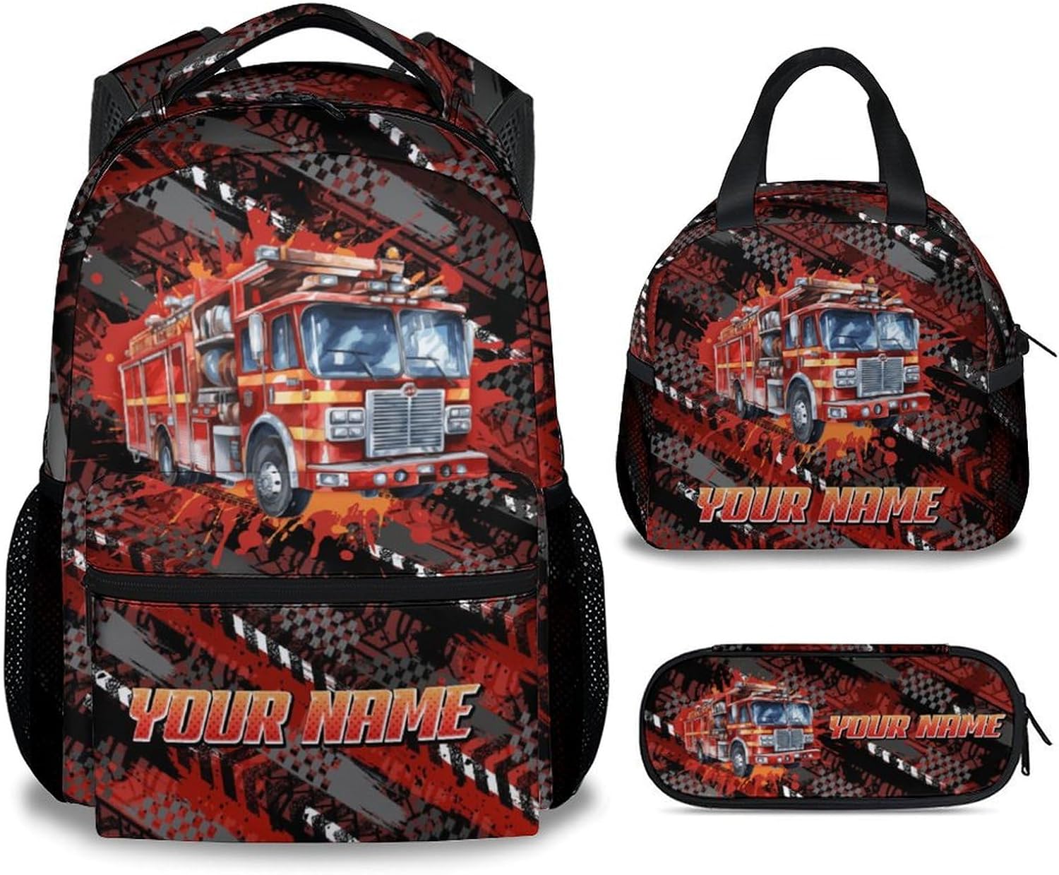 Mercuryelf Boys Backpack with Lunch Box - 17 Inch Fire Trucks Kid Backpack with Lunch Bag for