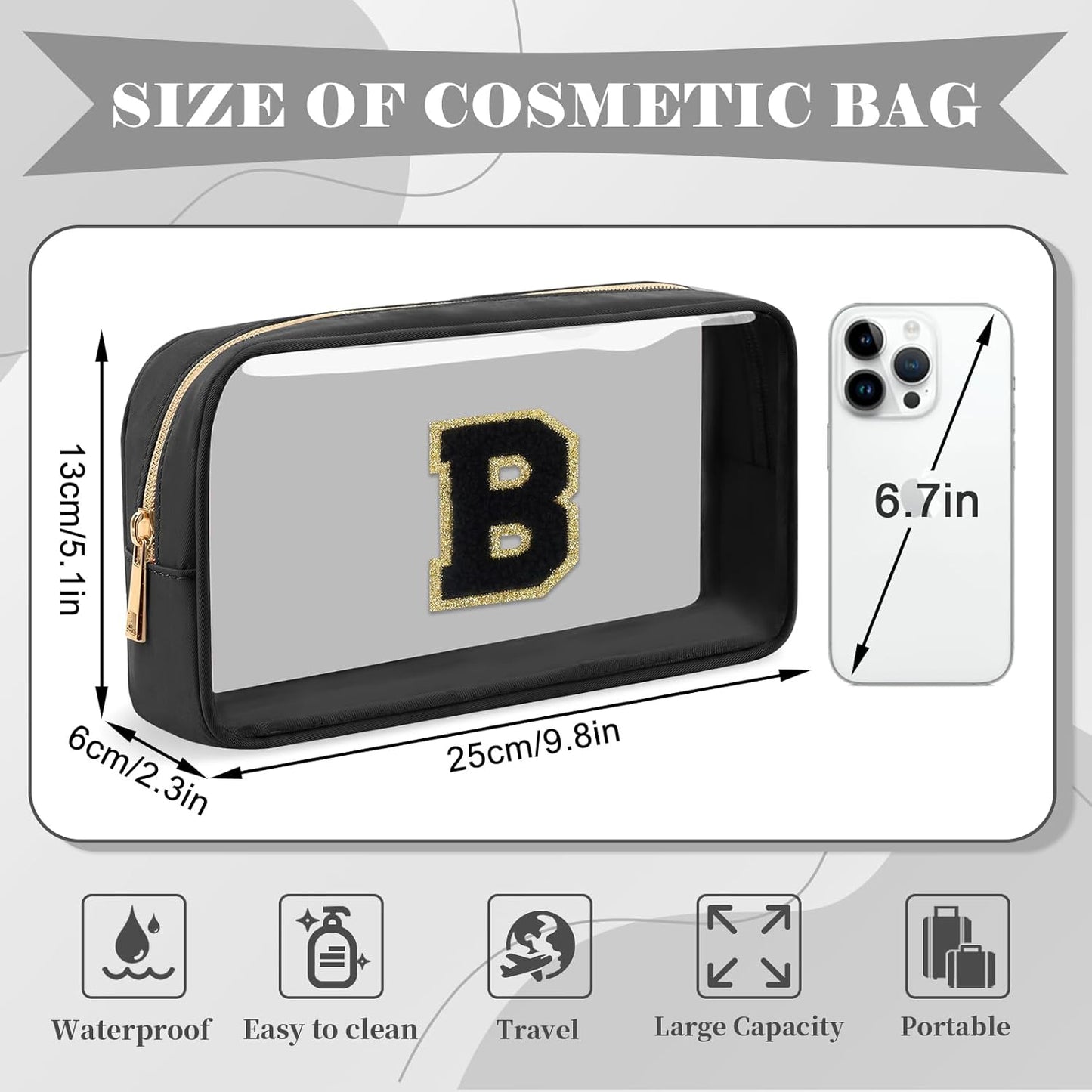 Personalized Initial Letter Clear Makeup Bag,Preppy Small Nylon&PVC Cosmetic Zipper Bag with Chenille Letter,Travel Skincare Toiletry Bag,Monogram Christmas Gift for Teen Girls Women,B