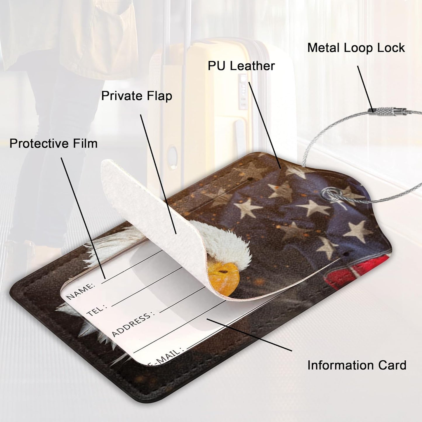 2 Pack Luggage Tag for Suitcase,American Flag with Eagle Leather Suitcase Tags Identifiers with Privacy Name Address Labels & Durable Steel Loop for Women/Men Travel
