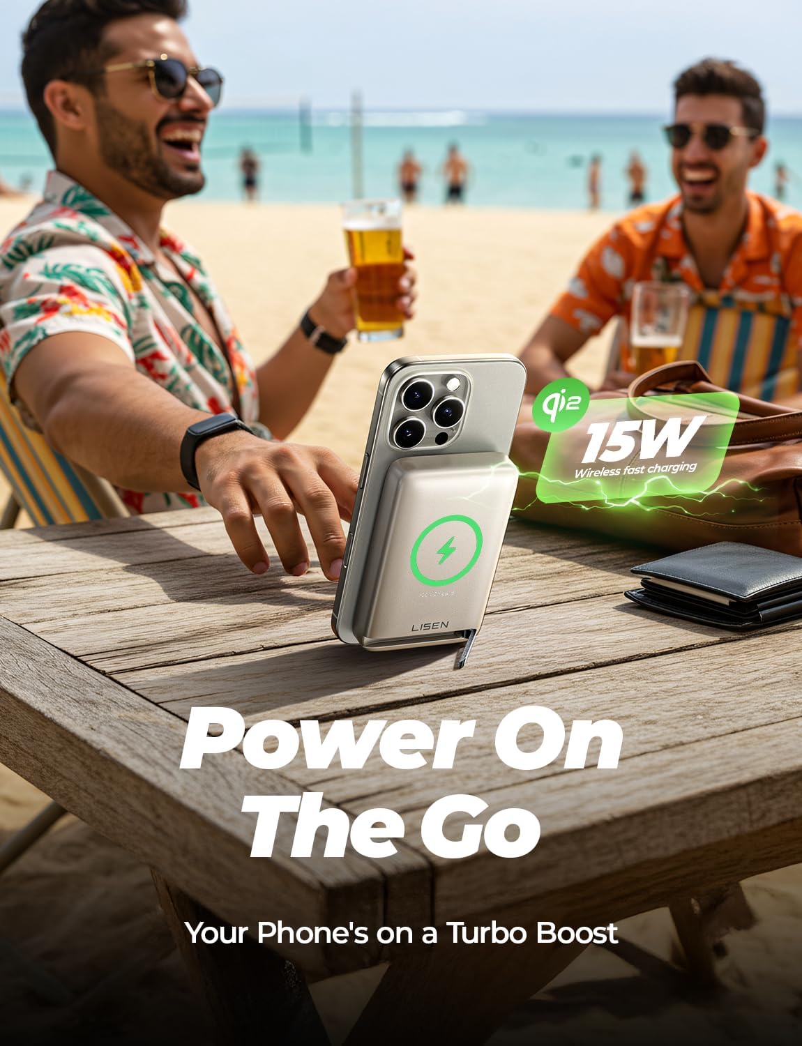 LISEN Qi2 Certified 15W MagSafe Portable Charger Power Bank, 10,000mAh Battery Pack with Metal Foldable Stand, Wireless Phone Charger for iPhone 16/15/14/13, 30W Fast Charging with USB-C Cable White