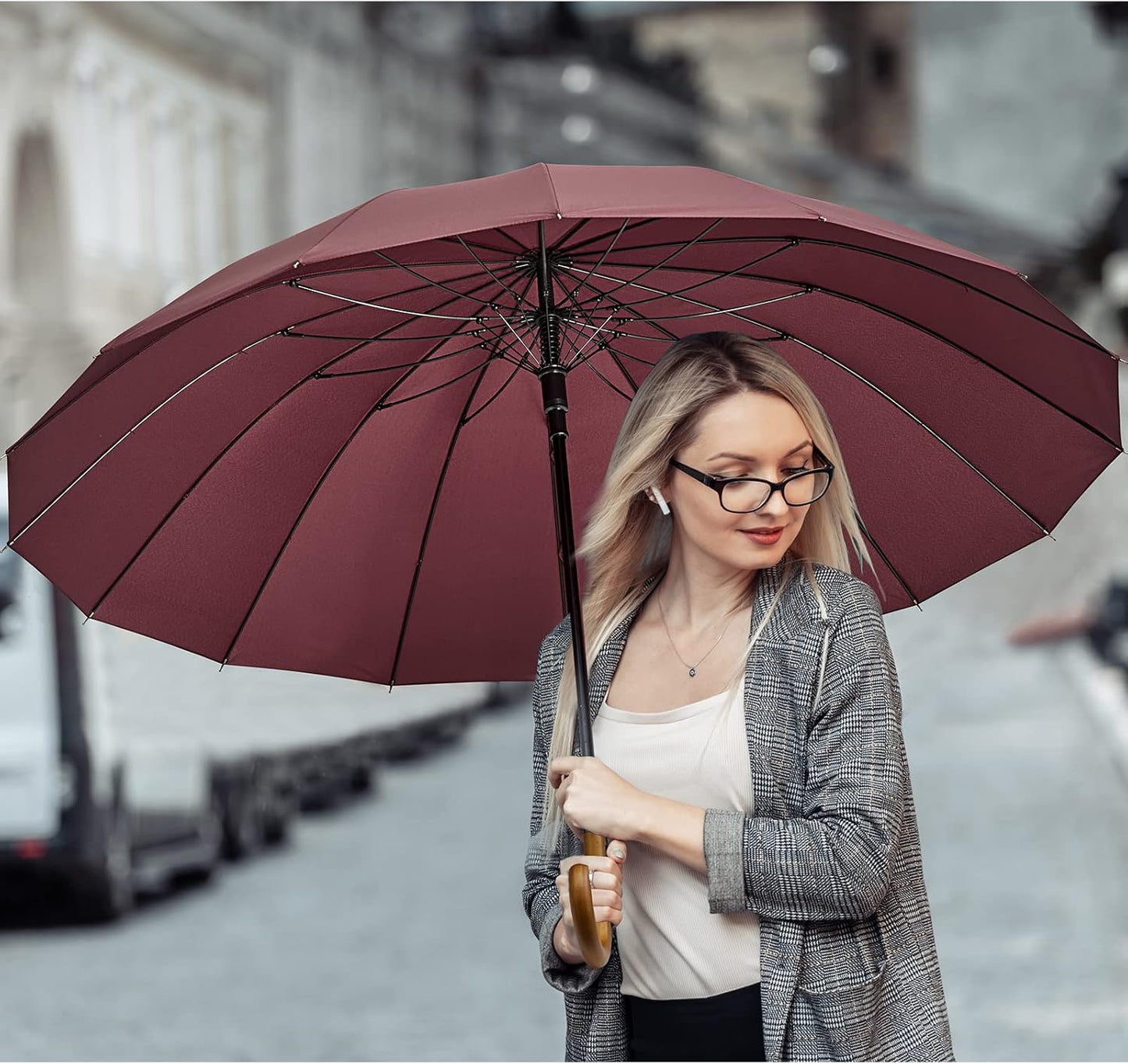 G4Free 54 Inch Large Windproof Umbrella for 2 Persons, 16 Ribs Auto Open Classic Wooden J Handle Cane Stick Golf Rain Umbrellas for Men Women Travel 120cm