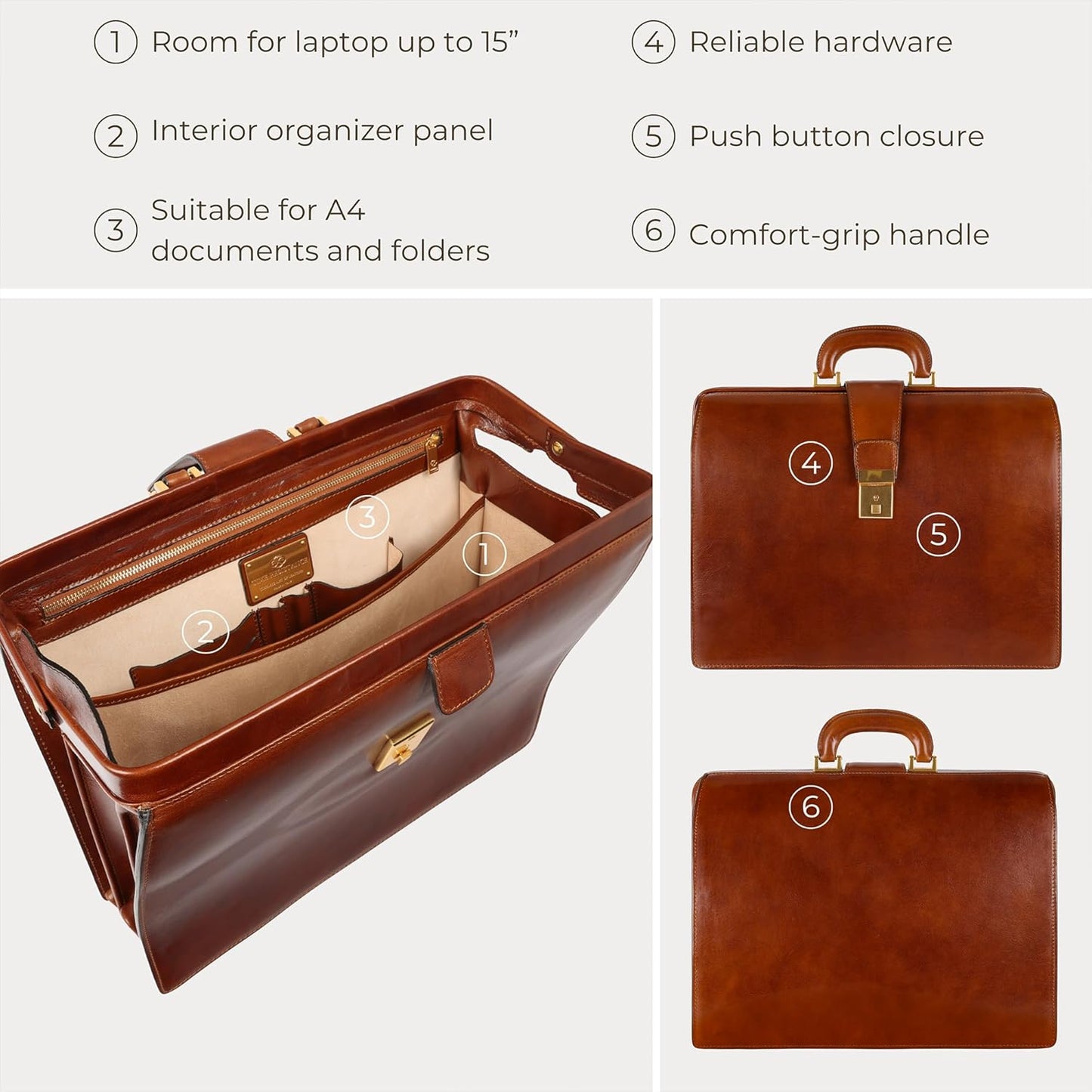 Time Resistance Leather Lawyer Briefcase - Italian Handmade Laptop Briefcase for Men and Women - Attache Case - Doctor Bag