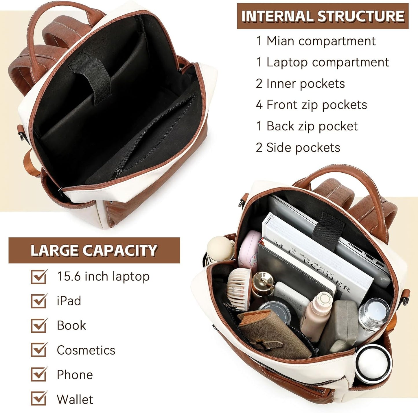 Vegan Leather Laptop Backpack for Women 15.6 Inch Work Backpack Purse for Travel College