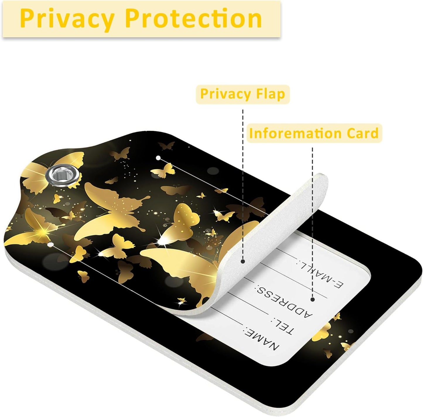 2 Pack Luggage Tags for Suitcases,Fireworks of Gold Butterflies Luggage Tag,PU Leather Id Label Luggage Tags with Stainless Steel Loop and Privacy Cover for Women Men Teens Travel