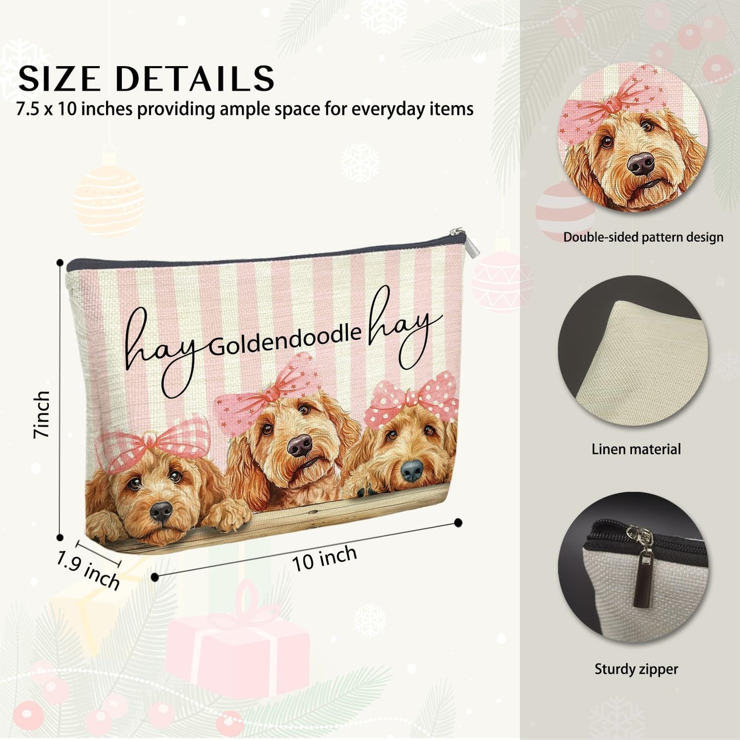 Coquette Goldendoodle Makeup Bag Gifts for Women, Preppy Pink Bow Goldendoodle Cosmetic Bag, Girly Golden Doodle Dog Striped Zipper Makeup Pouch Travel Toiletry Bag