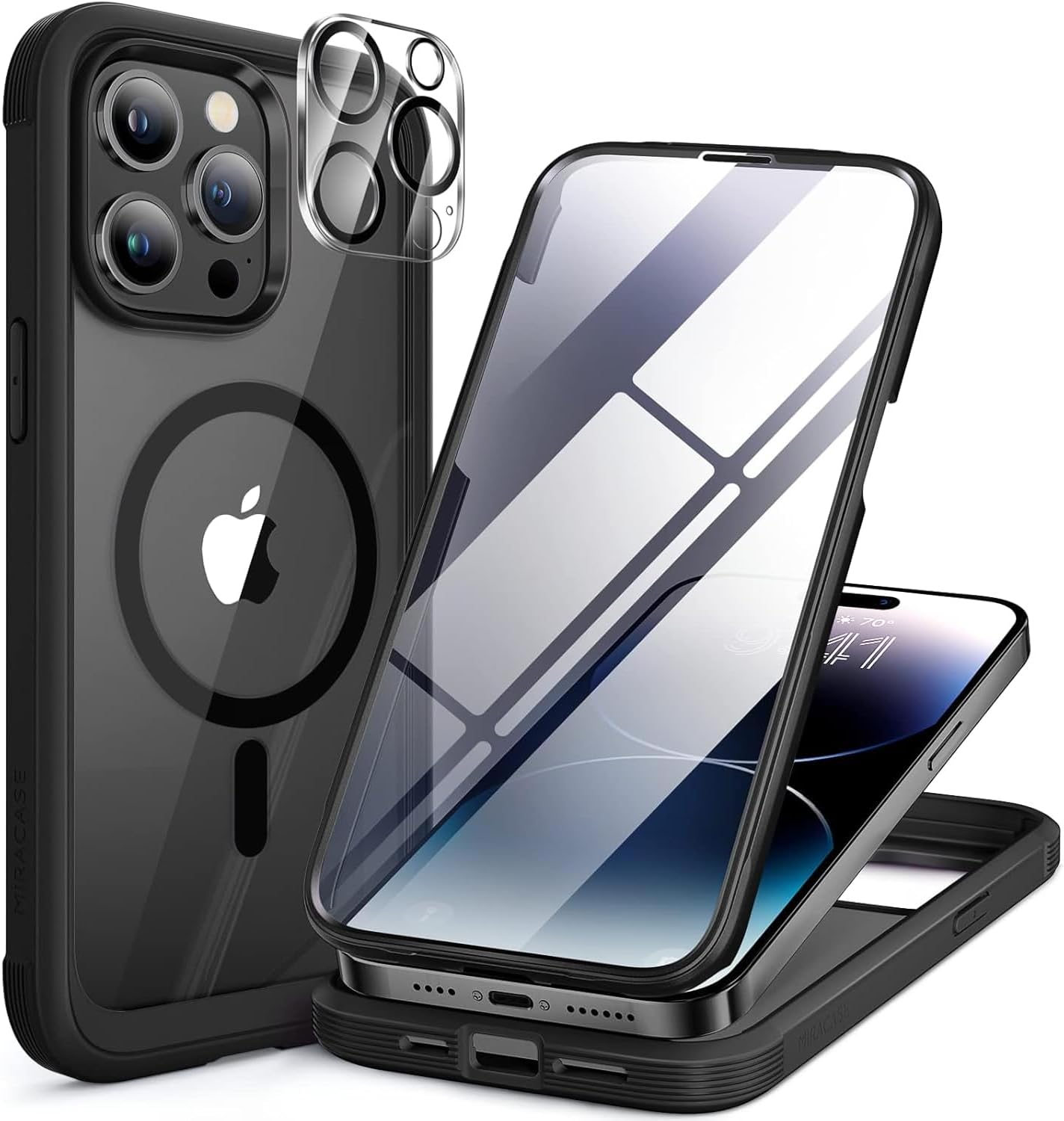 Miracase Magnetic for iPhone 14 Pro Max Case 6.7 inch, (Compatible with MagSafe) Upgrade Full-Body Clear Phone Bumper Case with Built-in 9H Tempered Glass Screen Protector, Magnetic Matte Black