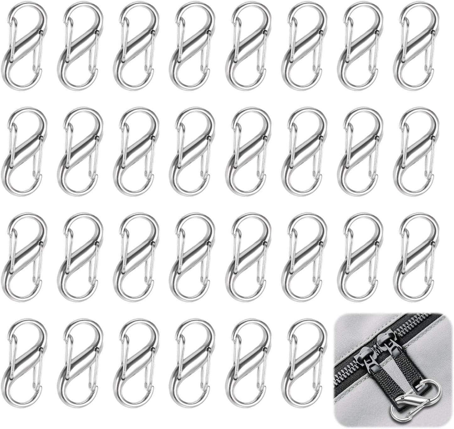 30PCS Zipper Clips Anti Theft, S Mini Carabiner Zipper Lock Set with Dual Opening Locks, Durable S Carabiner Clip Quick Disconnect for Backpacks Purses Luggage Travel Bags Camping Suitcases, Silver