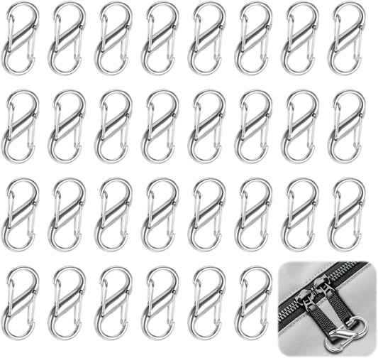 30PCS Zipper Clips Anti Theft, S Mini Carabiner Zipper Lock Set with Dual Opening Locks, Durable S Carabiner Clip Quick Disconnect for Backpacks Purses Luggage Travel Bags Camping Suitcases, Silver