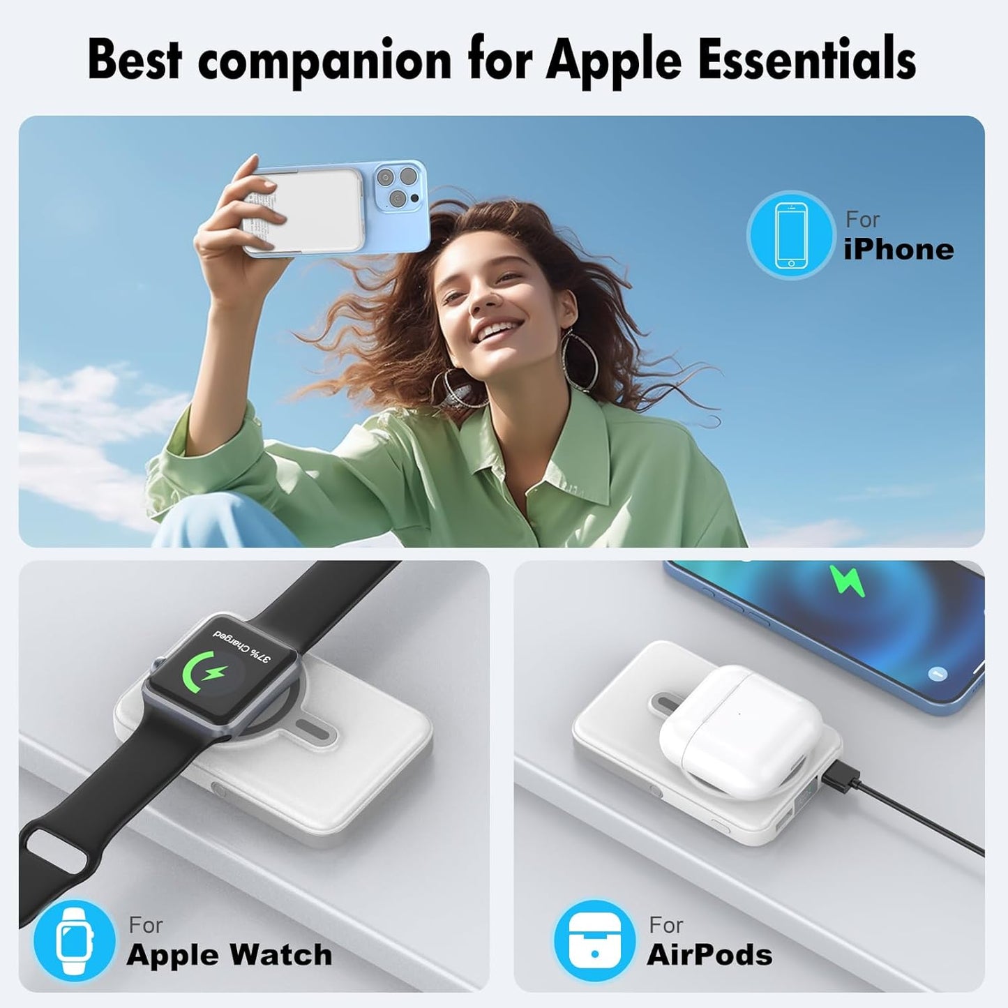 Wireless Portable Charger,3-in-1 Magnetic Power Bank 10000mAh with LED Display,22.5W Fast Charging Mag-Safe Battery Pack,Compatible with iPhone 15/14/13/12, Apple Watch Series, Airpods (White)