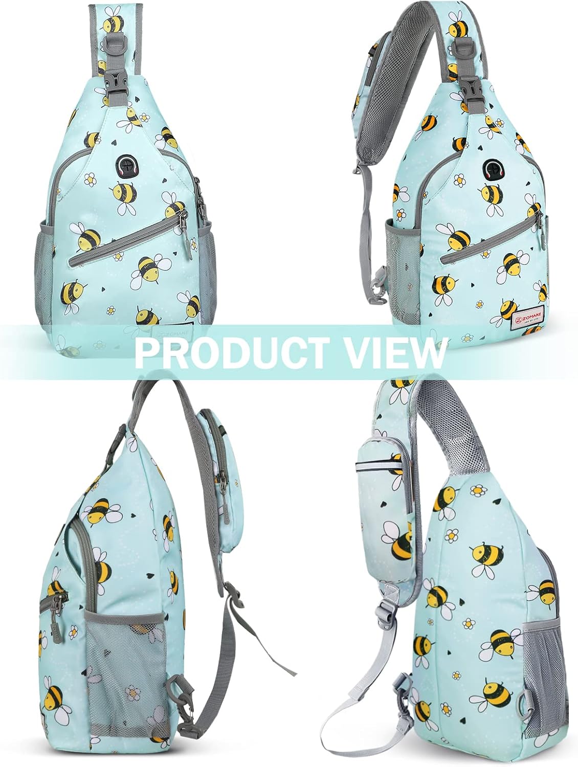 ZOMAKE Sling Bag,Small Crossbody Sling Backpack,Water Resistant Shoulder Daypack for Travel,Anti Thief Chest Bag for Hiking(Bee Blue)