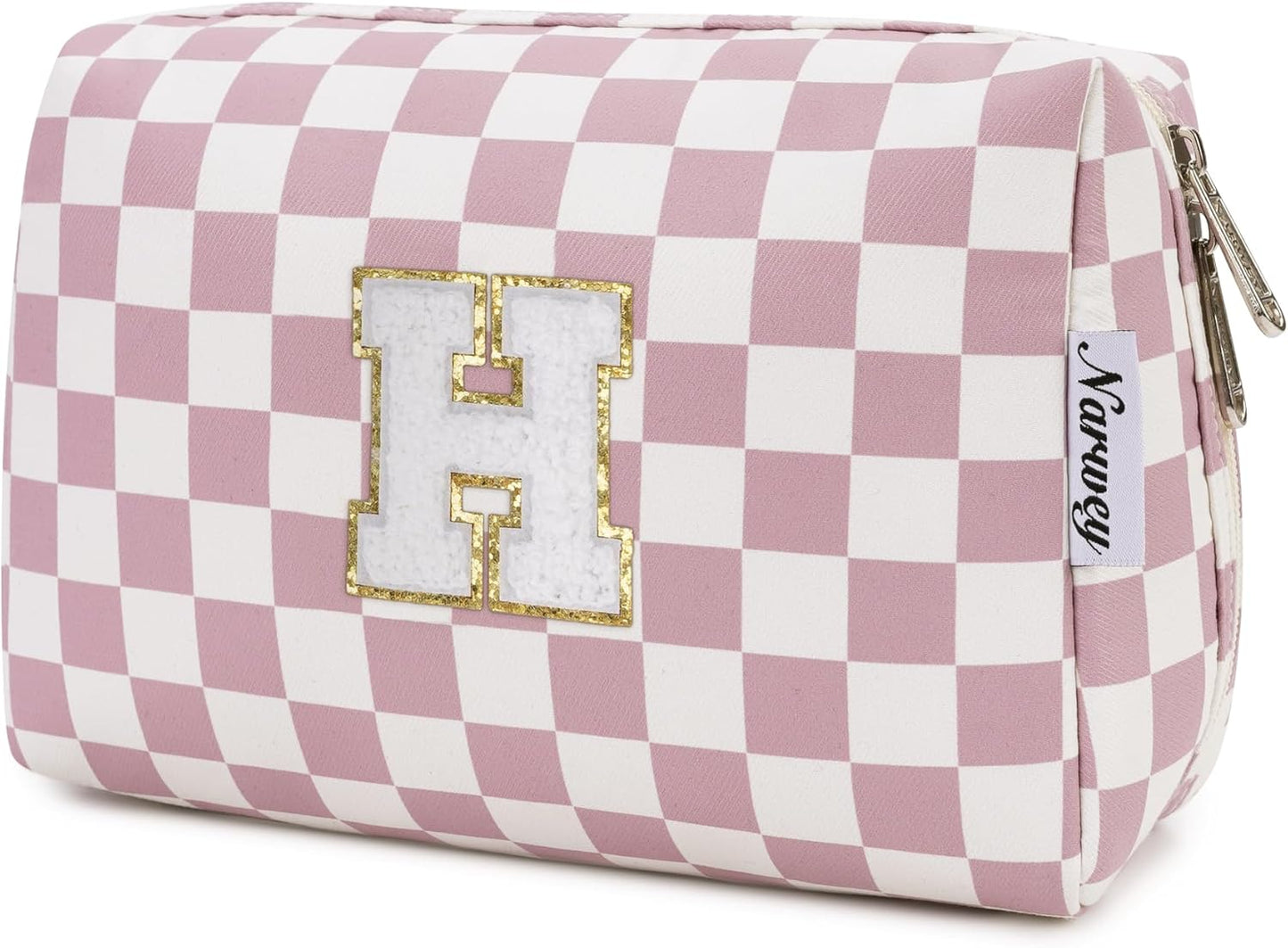 Narwey Birthday Gifts for Teen Girls Kids Women Personalized Initial Checkered Makeup Bag Pink Monogram Cosmetic Bag Trendy Stuff 6 8 10 11 12 13 14 16 18 Years Old Travel Toiletry Bag (Dusty Rose H)