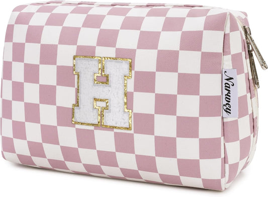 Narwey Birthday Gifts for Teen Girls Kids Women Personalized Initial Checkered Makeup Bag Pink Monogram Cosmetic Bag Trendy Stuff 6 8 10 11 12 13 14 16 18 Years Old Travel Toiletry Bag (Dusty Rose H)