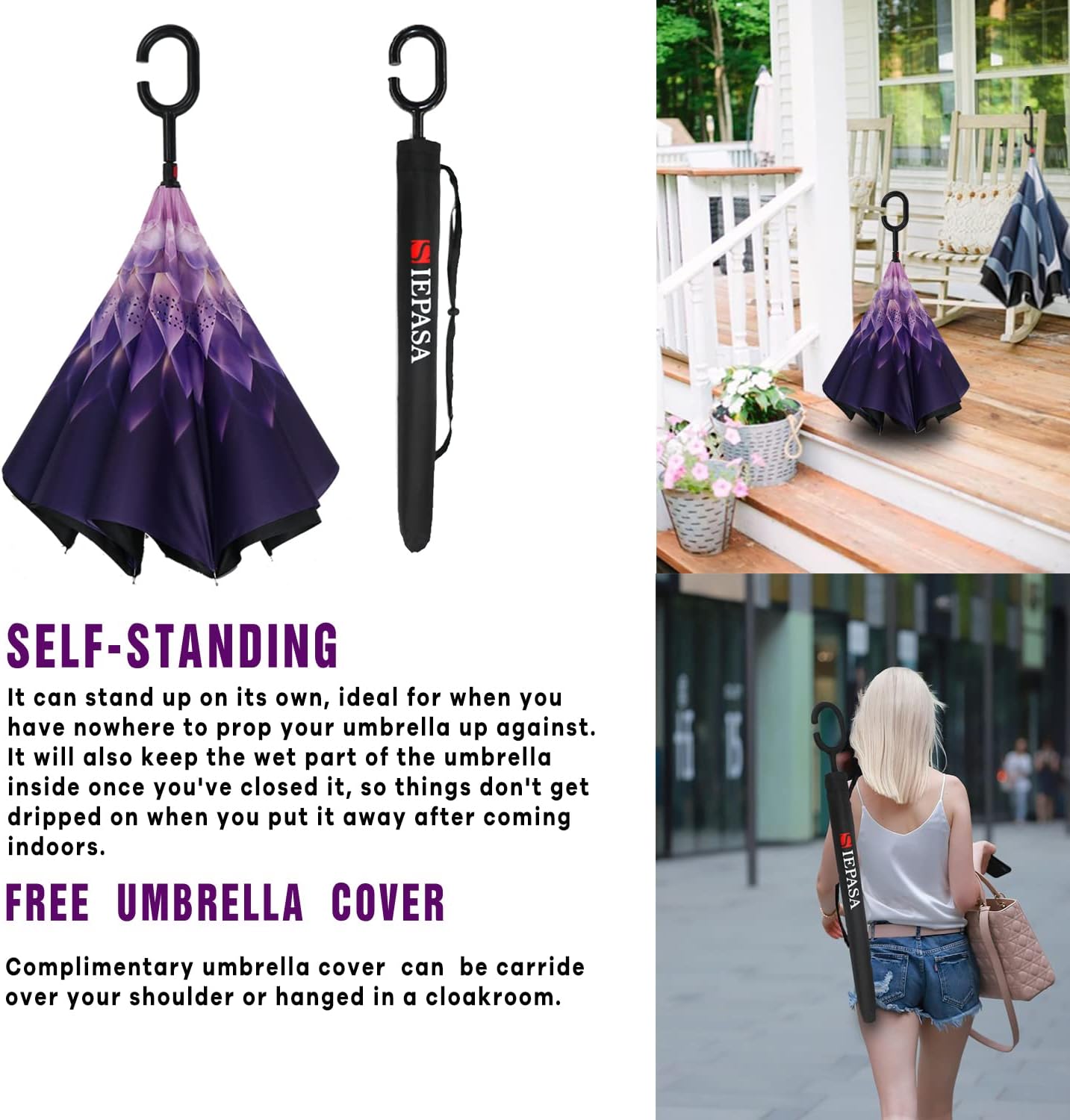 SIEPASA 49/56 Inch Inverted Reverse Upside Down Umbrella, Extra Large Double Canopy Vented Windproof Waterproof Stick Golf Umbrellas with C-shape Handle.