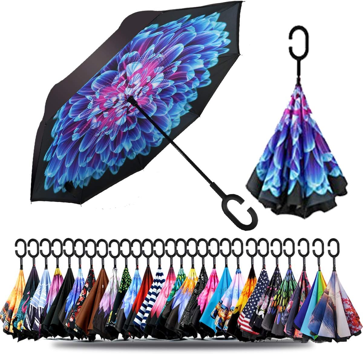 SIEPASA 49/56 Inch Inverted Reverse Upside Down Umbrella, Extra Large Double Canopy Vented Windproof Waterproof Stick Golf Umbrellas with C-shape Handle.