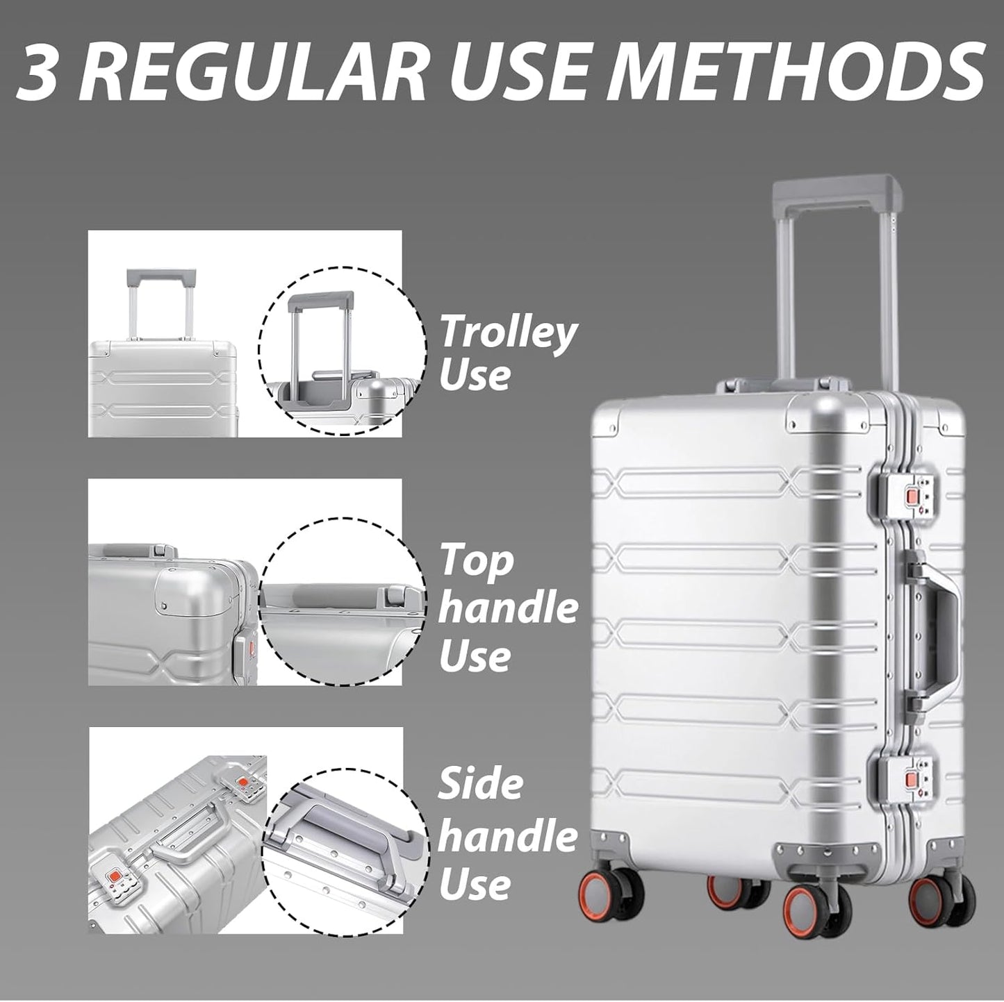 Tmore Aluminum Frame Luggage with Spinner Wheels, with TSA Locks Hard Shell Suitcase, Business 20" Silver Small