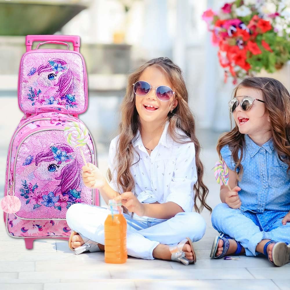 3PCS Rolling Backpack for Girls and Boys， Kids Unicorn Dinosaur Wheeled Bookbag