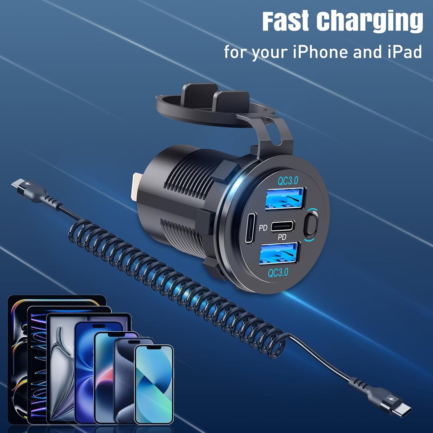 2PACK 90W Dual PD & Dual Quick Charge 3.0 Qidoe USB C 12V Outlet,4 Port with Power Switch, Car Charger Socket for RV Boat Marine Truck Motorcycle