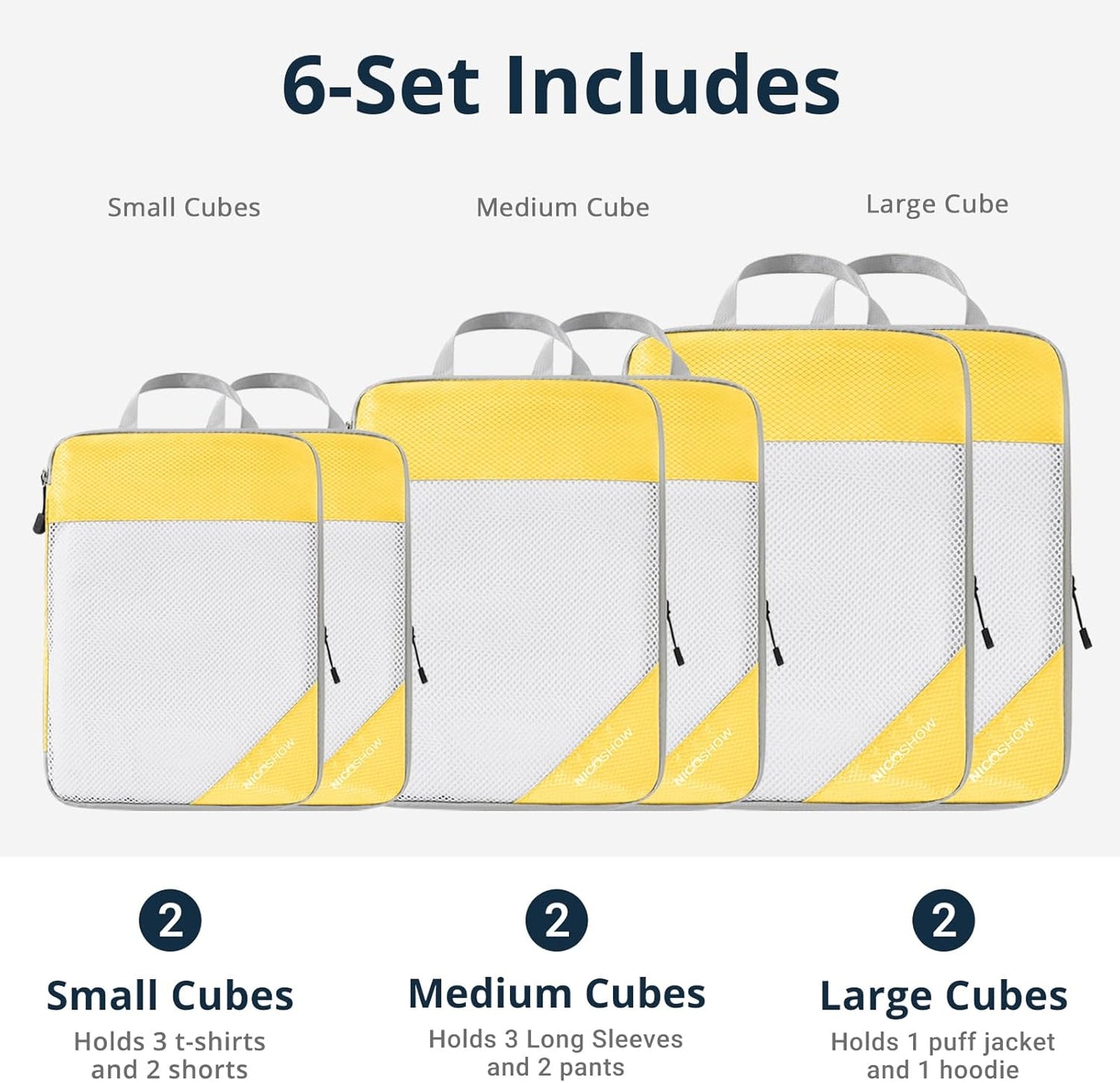 Compression Packing Cubes 6 Set, Compressible Space-Saving Packing Cubes for Travel - Compression Bags, Luggage Organizer, Travel Essentials for Women, Golden Yellow