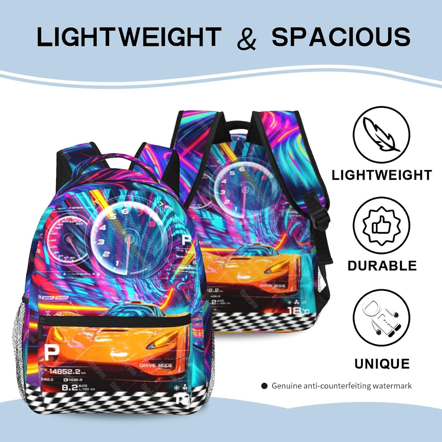 Kids Racing Car School Backpack For Boys Cool Sports Car Boys Backpack For Kids Children Teens Elementary Middle School Car Bookbag Travel Back Pack for Age 6-18