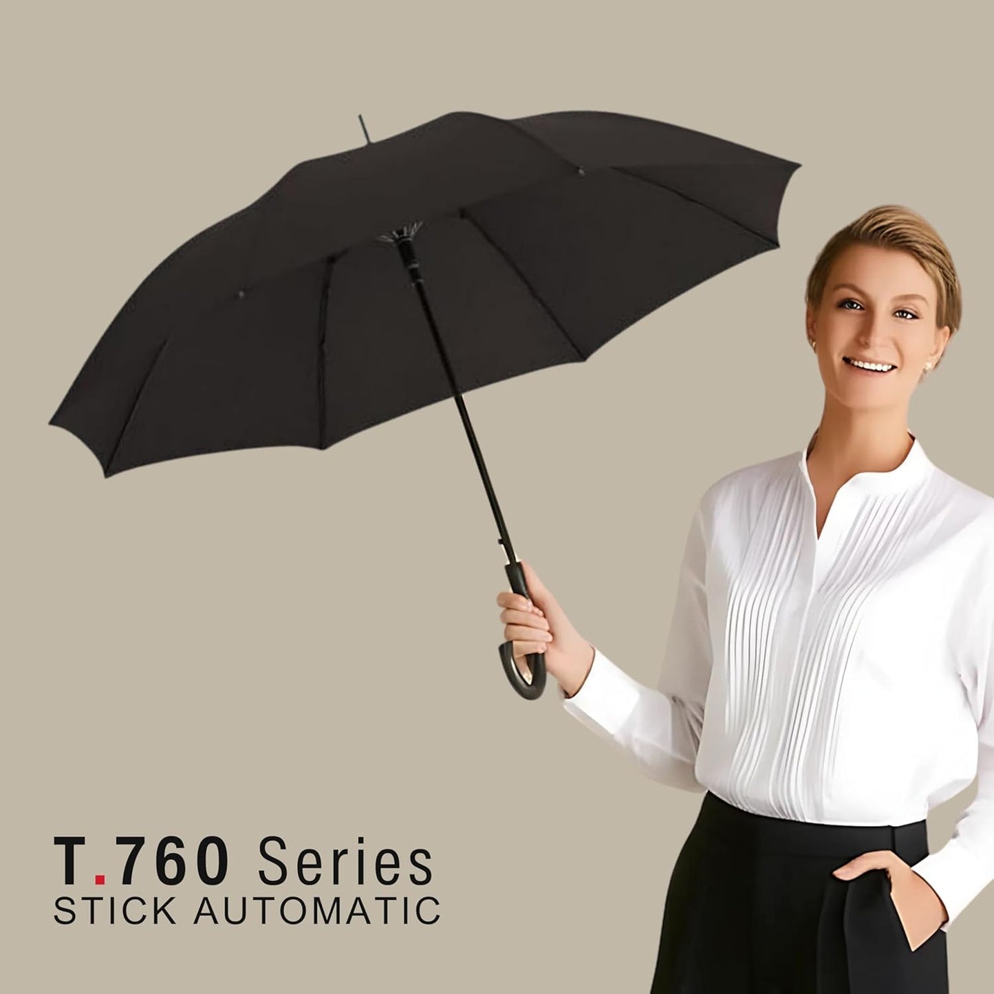 Knirps T.760 Stick Automatic Auto Open Rain Umbrella With Curved Handle - Windproof Travel Cane With Automatic Open Button - For Adults - 107cm Diameter