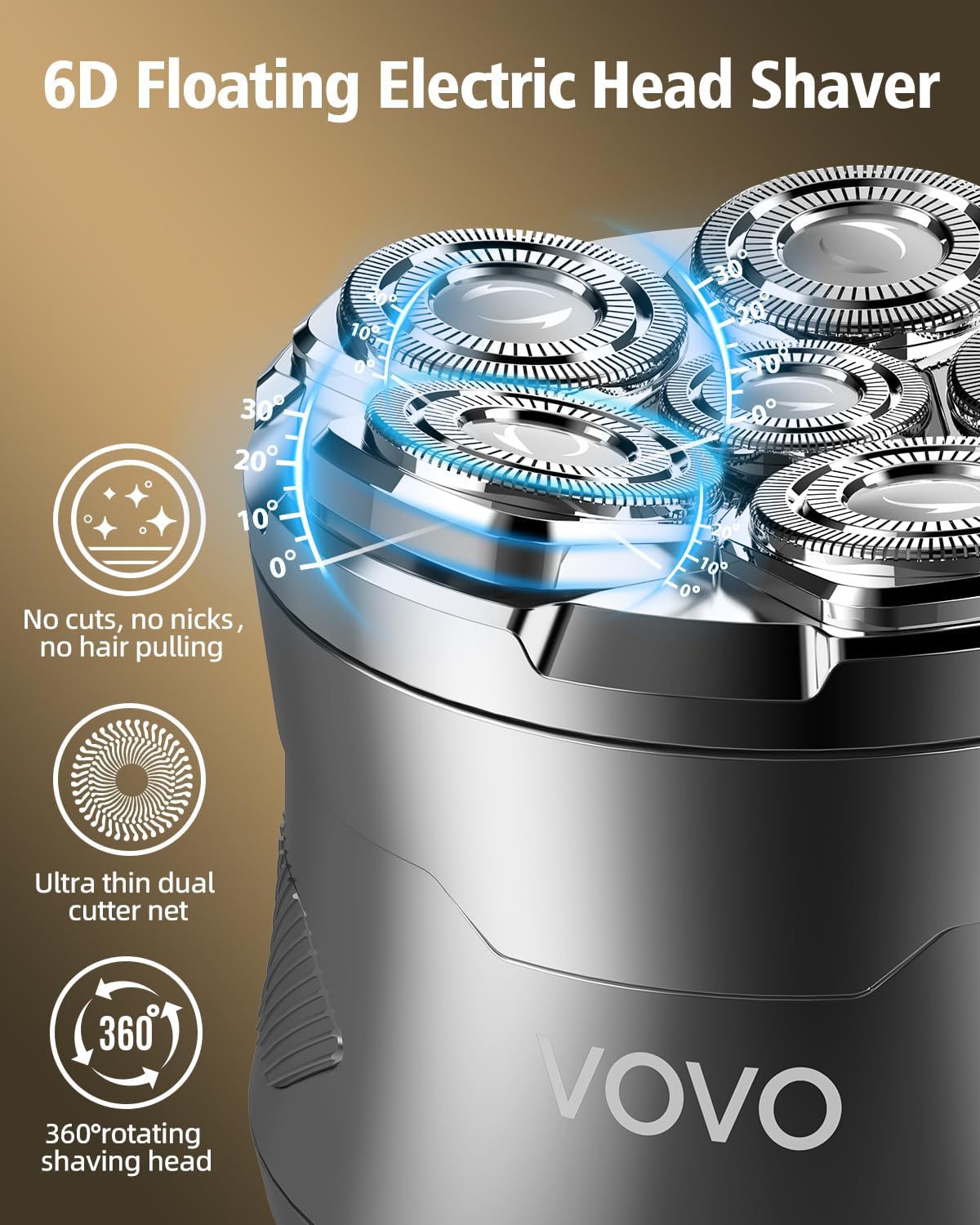 VOVO Head Shavers for Bald Men 2 Speed 6D Electric Face Head Shaver Large Capacity Cordless Type-C Rechargeable IPX7 Waterproof Bald Head Shaver Wet & Dry Use Head Razor Suitable for Home and Travel