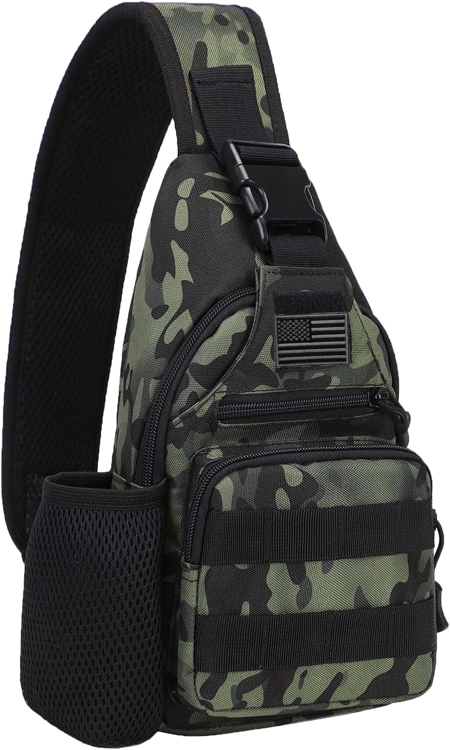 ZHIERNA Tactical Sling Crossbody Backpack with Water Bottle Holder, MOLLE EDC Shoulder Sling Chest Bags with USB Charging Port for Travel Walk(Black Cp)