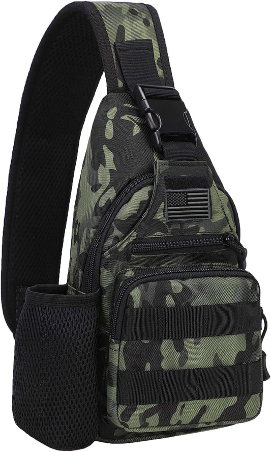 ZHIERNA Tactical Sling Crossbody Backpack with Water Bottle Holder, MOLLE EDC Shoulder Sling Chest Bags with USB Charging Port for Travel Walk(Black Cp)